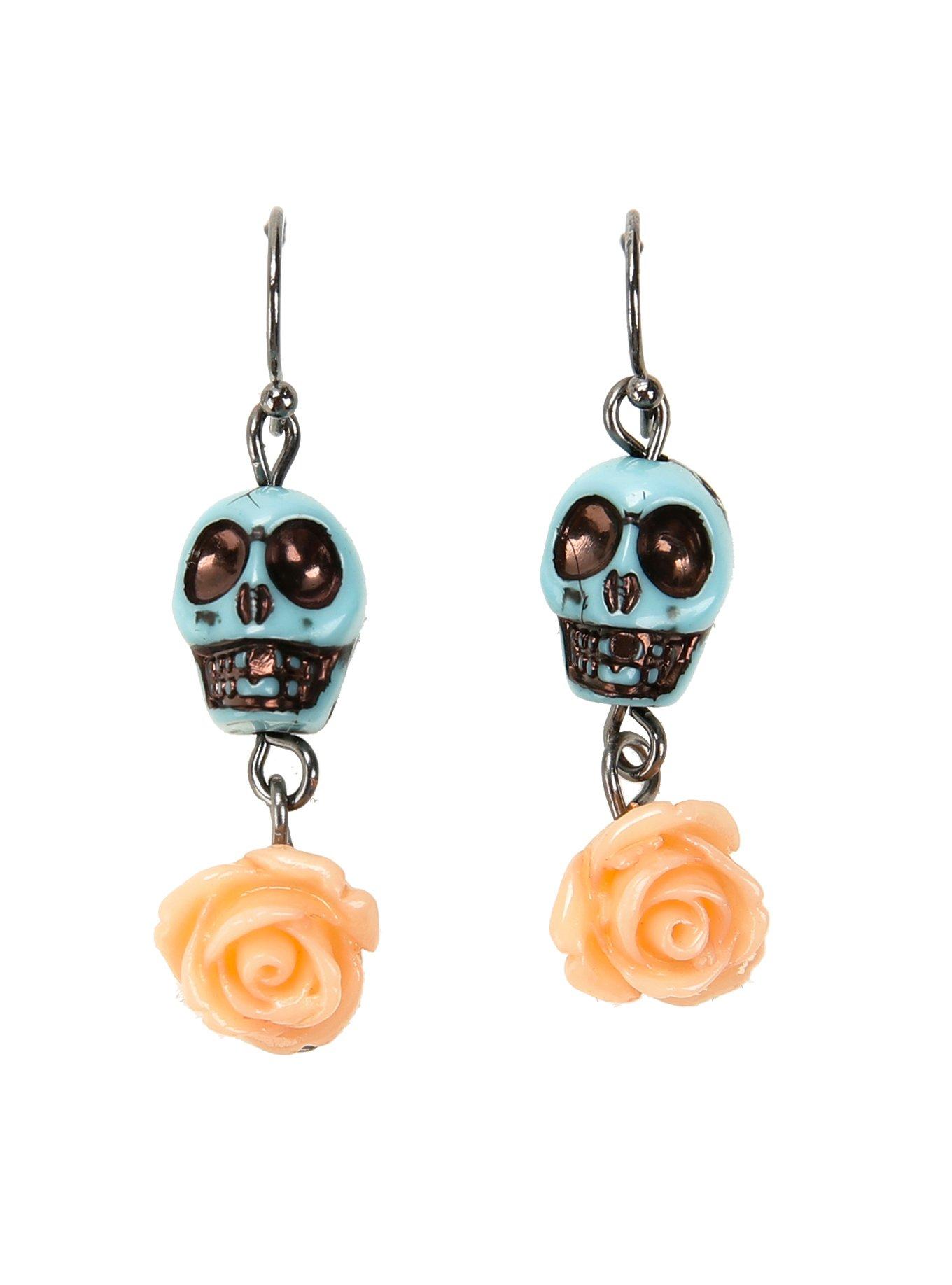 Day Of The Dead Skull & Rose Drop Earrings, , hi-res