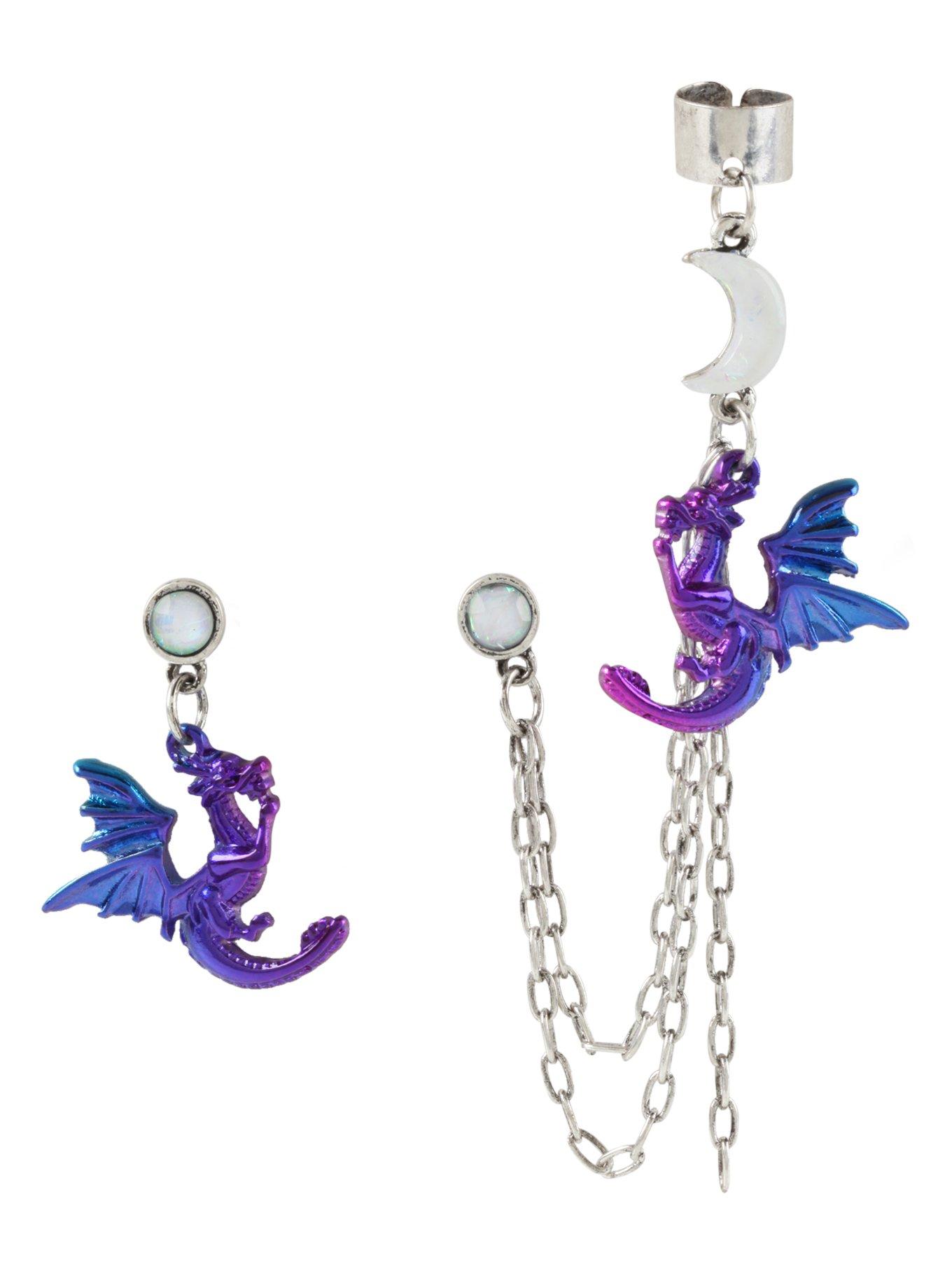 Blackheart Anodized Dragon & Moon Ear Cuff & Stud, , hi-res