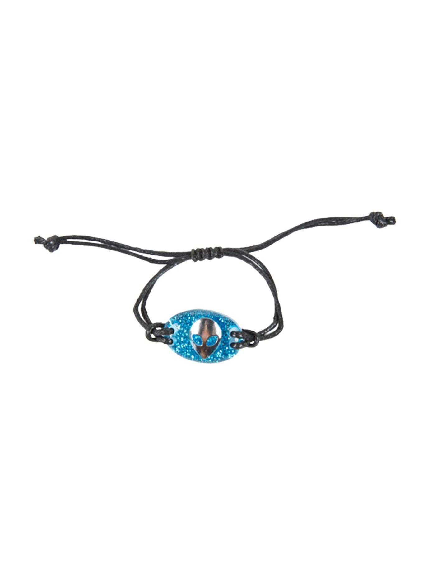 Blackheart Silver Alien Blue Glitter Stone Cord Bracelet, , hi-res