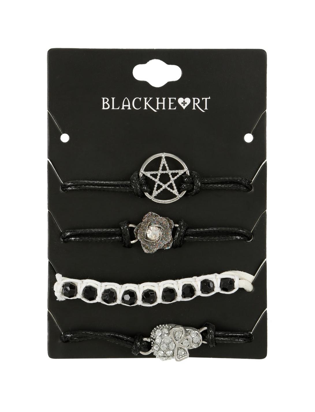 Blackheart Skull Rose & Pentagram Bling Cord Bracelet Set, , hi-res