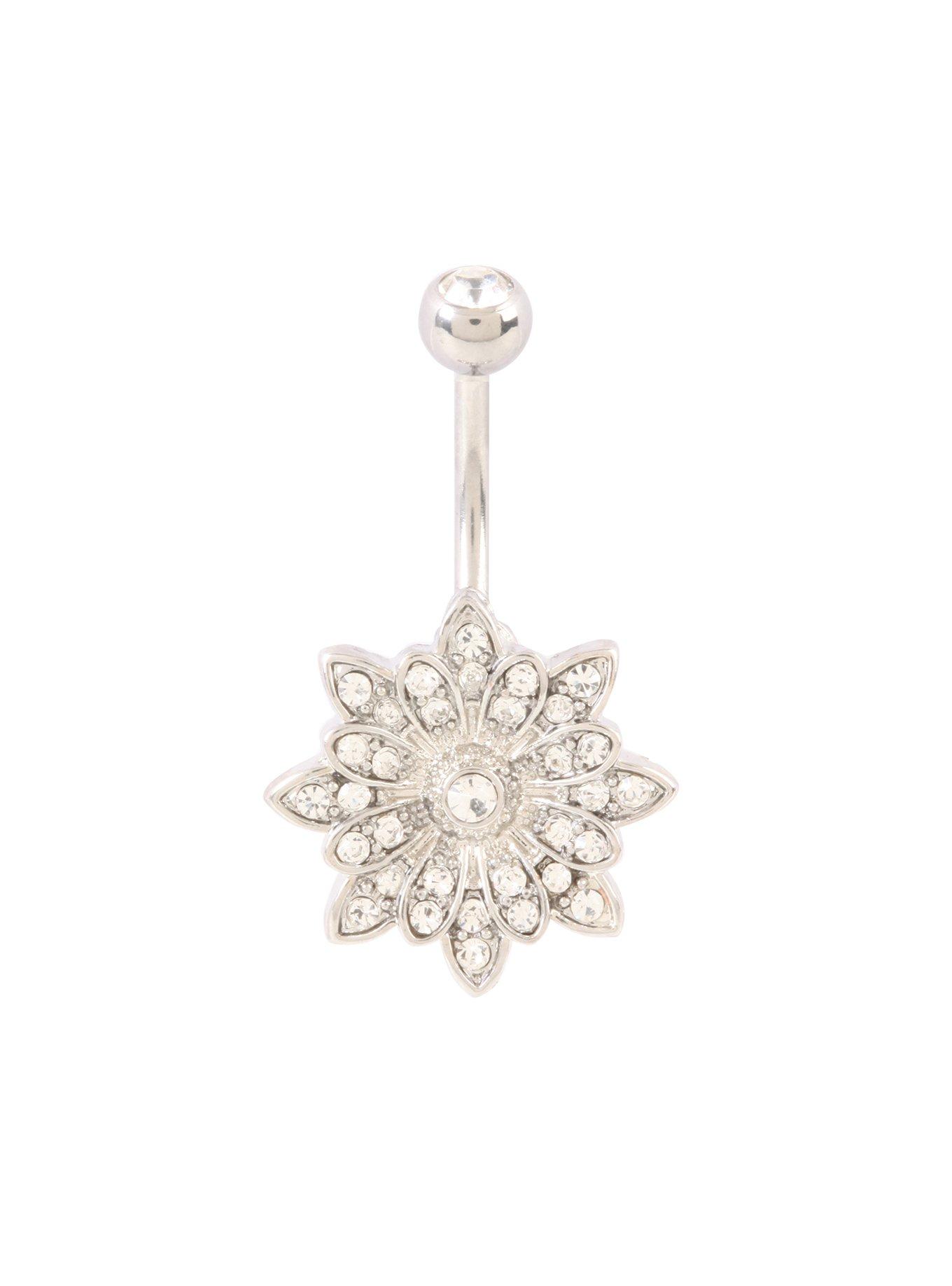 14G Steel Clear CZ Flower Navel Barbell, , hi-res