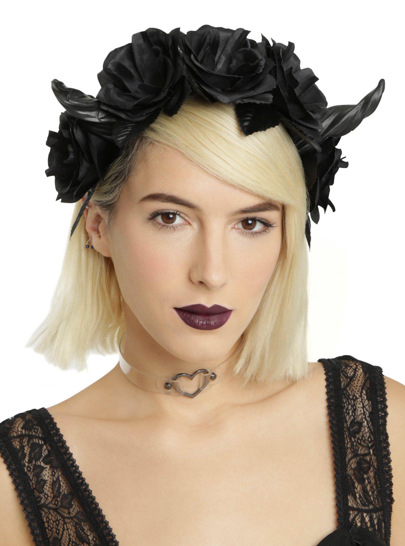 Blackheart Dragon Horn Black Rose Stretchy Headband, , hi-res