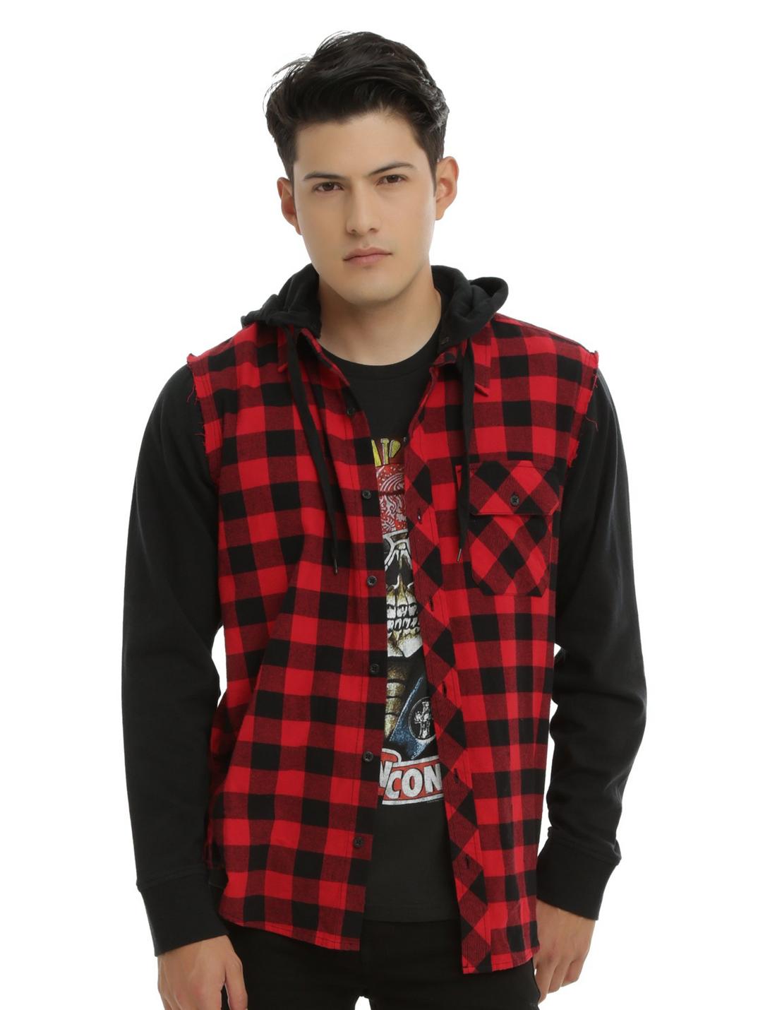 XXX RUDE Red Buffalo Plaid & Fleece Sleeves Hooded Woven Button-Up, RED, hi-res
