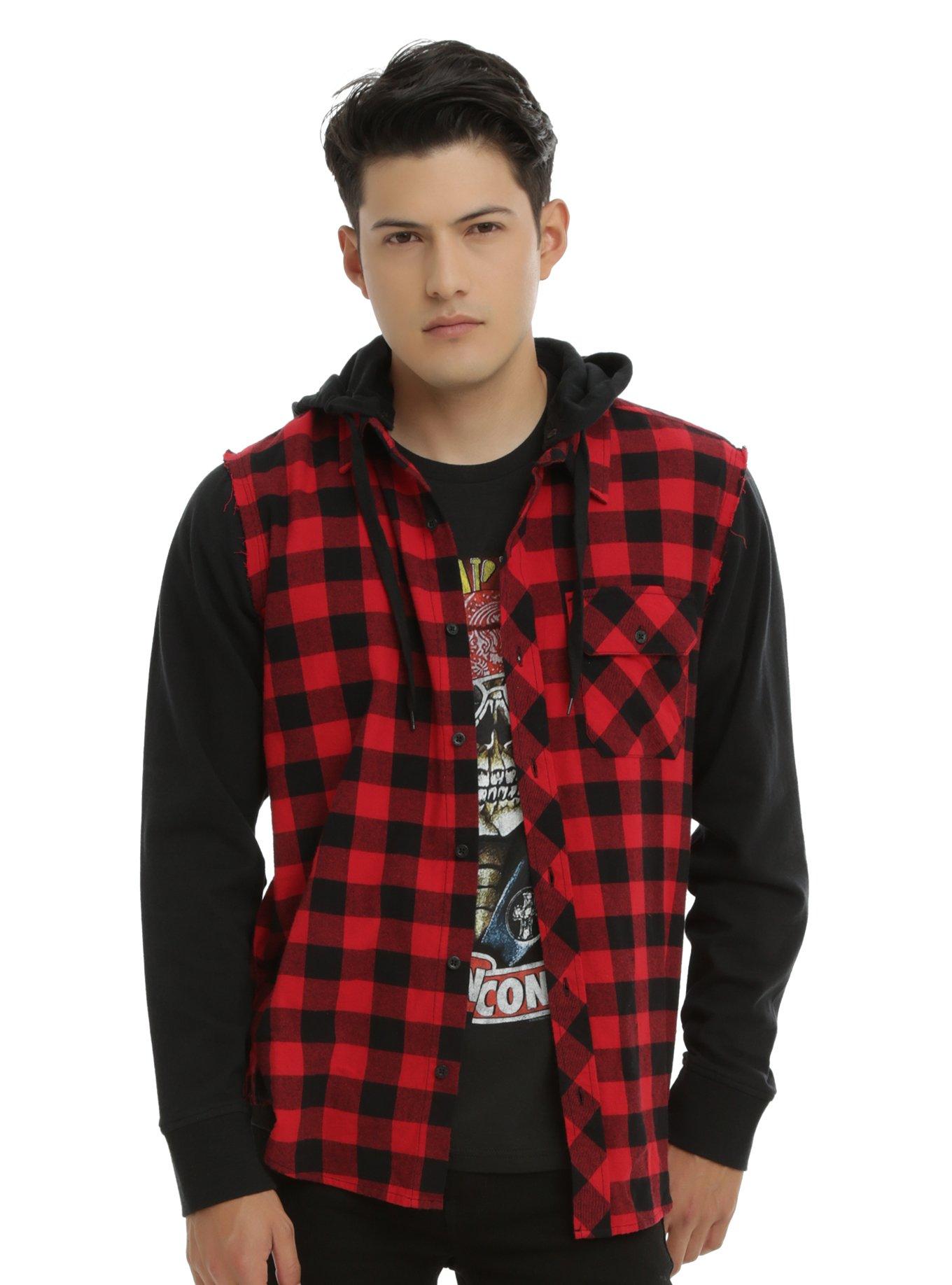 XXX RUDE Red Buffalo Plaid Fleece Sleeves Hooded Woven Button Up Hot Topic