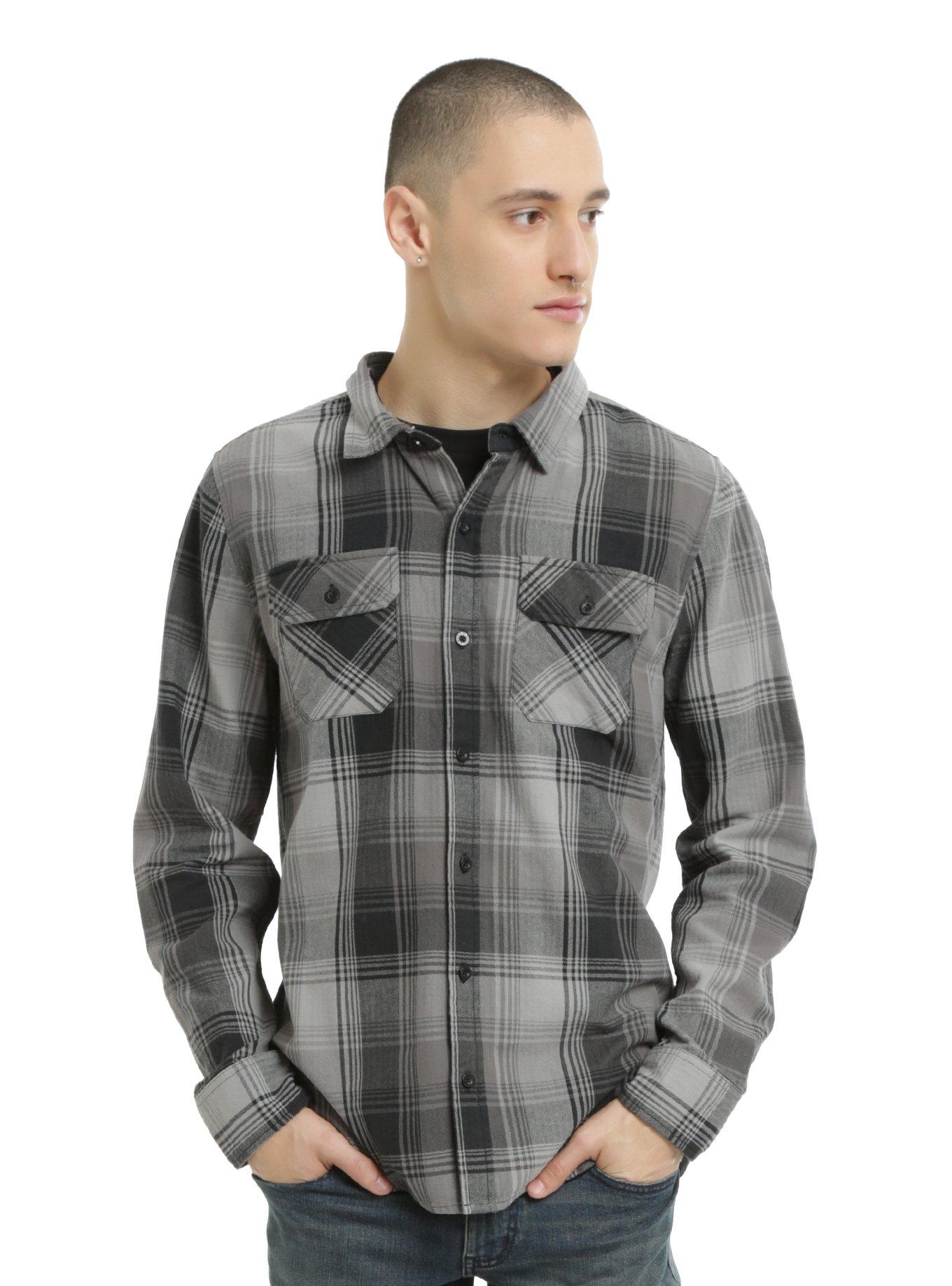 XXX RUDE Grey Plaid Black Fleece Hooded Woven Button-Up, GREY, hi-res