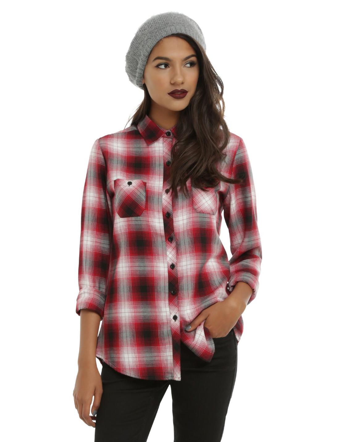 Red Black & White Tartan Plaid Girls Woven Button-Up, RED, hi-res