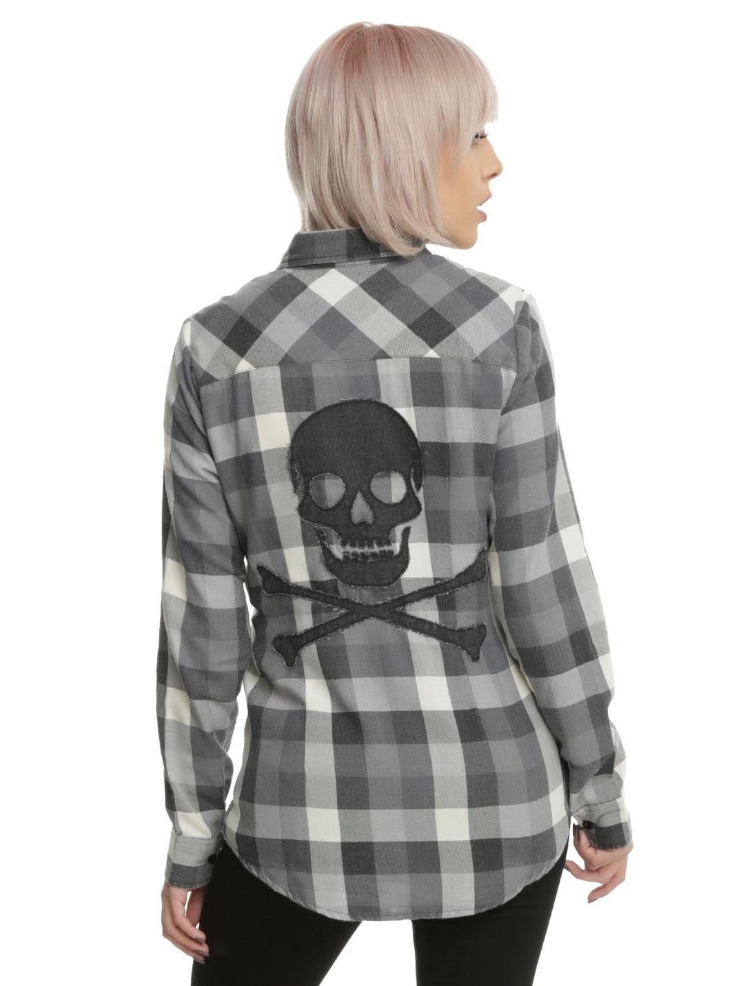 Back Skull Graphic Grey Plaid Girls Woven Button-Up, GREY, hi-res