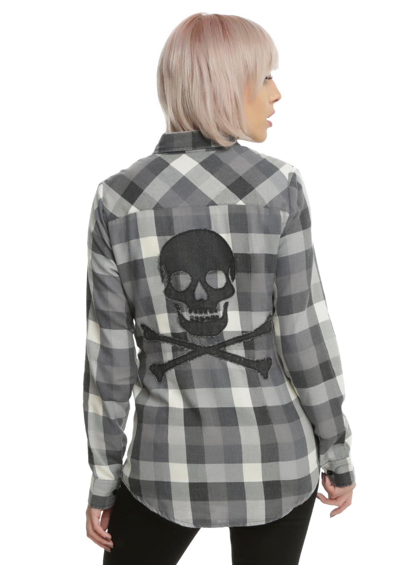 Back Skull Graphic Grey Plaid Girls Woven Button-Up, GREY, hi-res