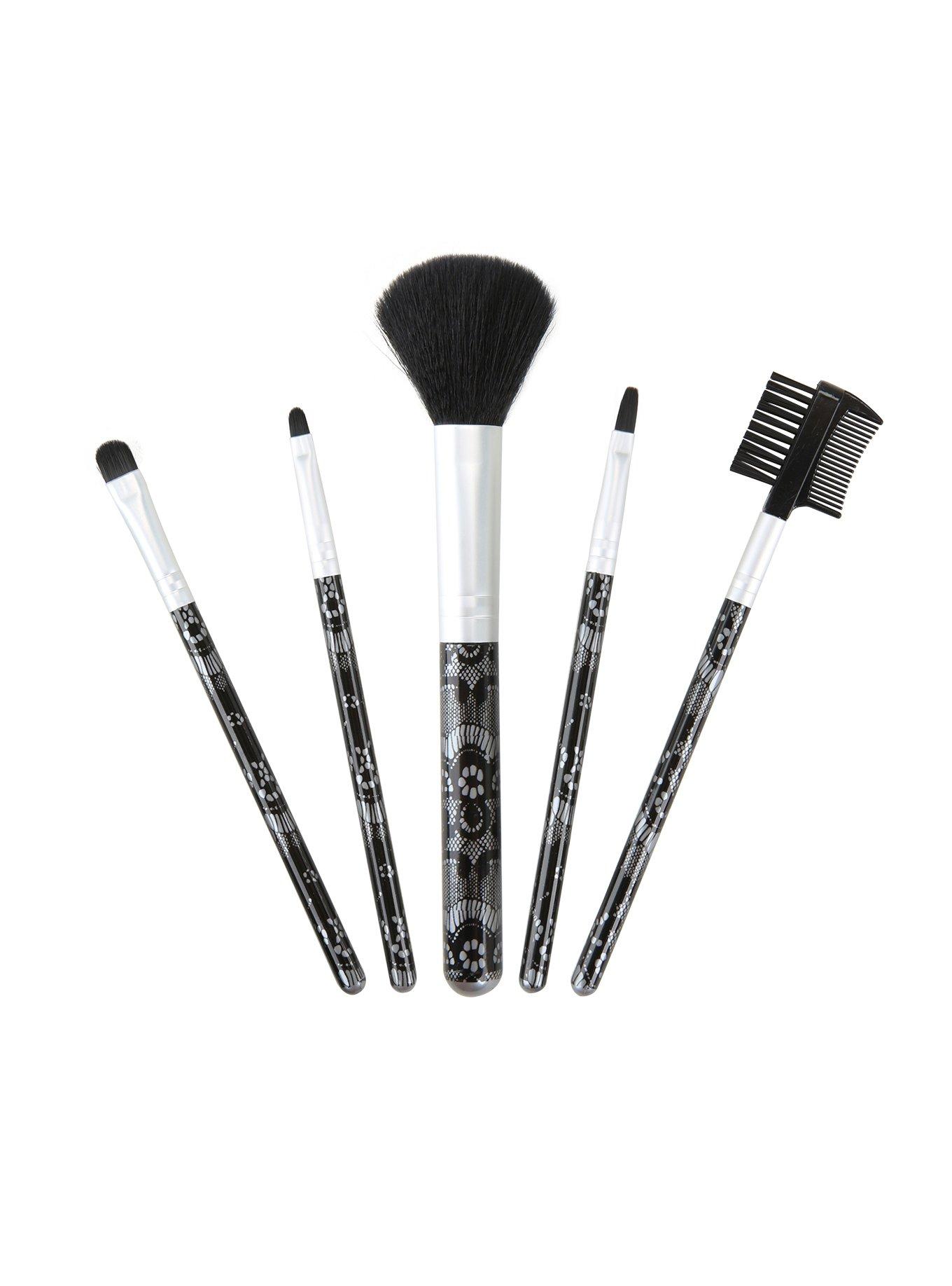 Black Lace Print Travel Makeup Brush Set, , hi-res