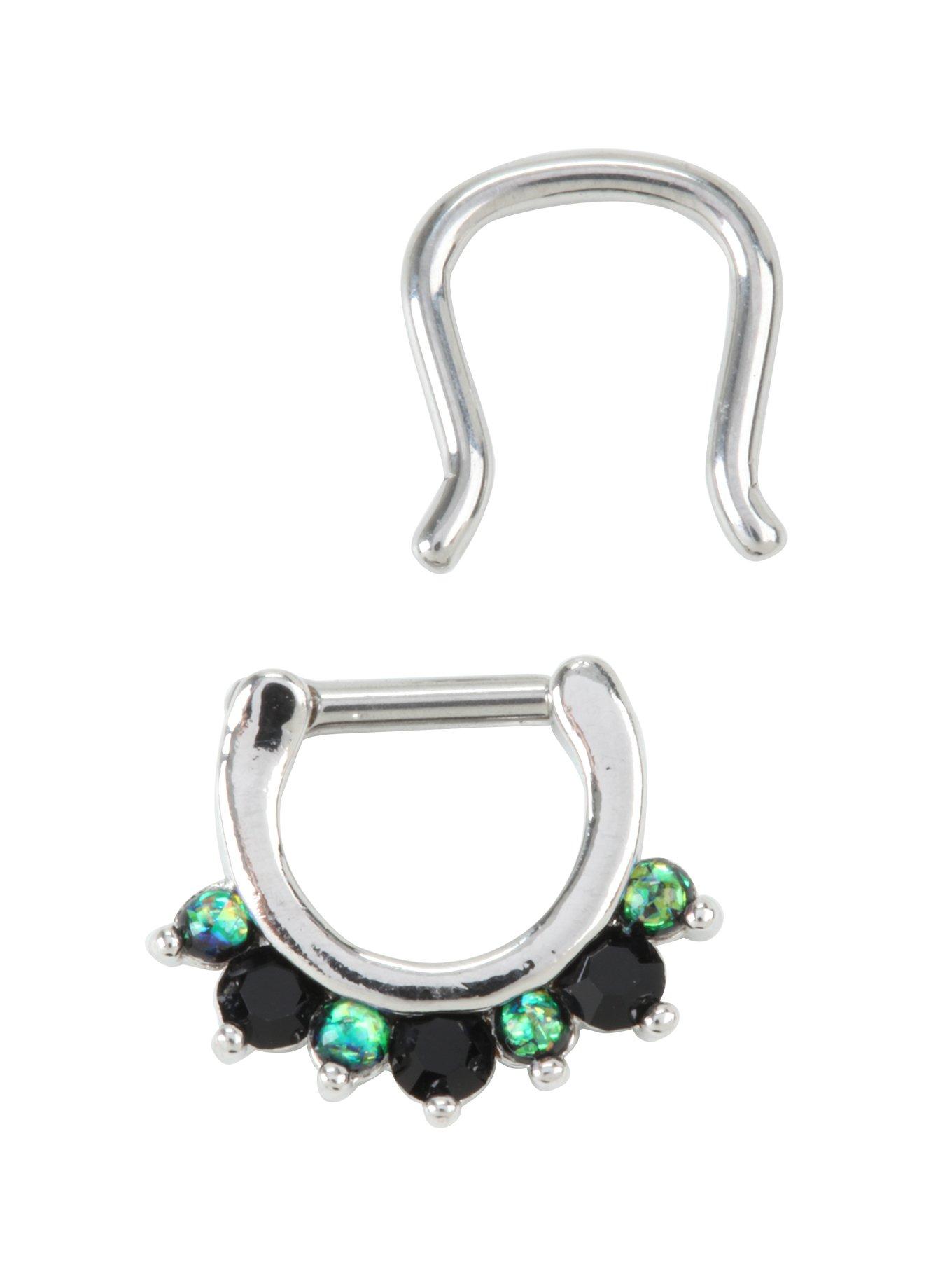 Steel Black & Green Gem Septum Clicker & Retainer 2 Pack, , hi-res
