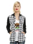 Black & White Plaid Fleece Sleeves Hooded Girls Woven Button-Up, BLACK, hi-res