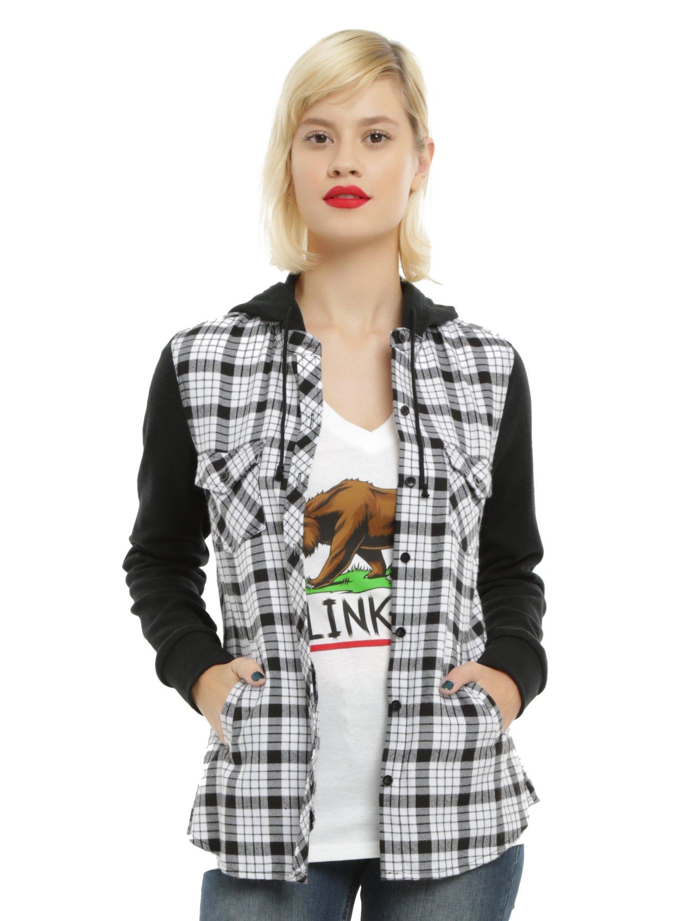 Black & White Plaid Fleece Sleeves Hooded Girls Woven Button-Up, BLACK, hi-res