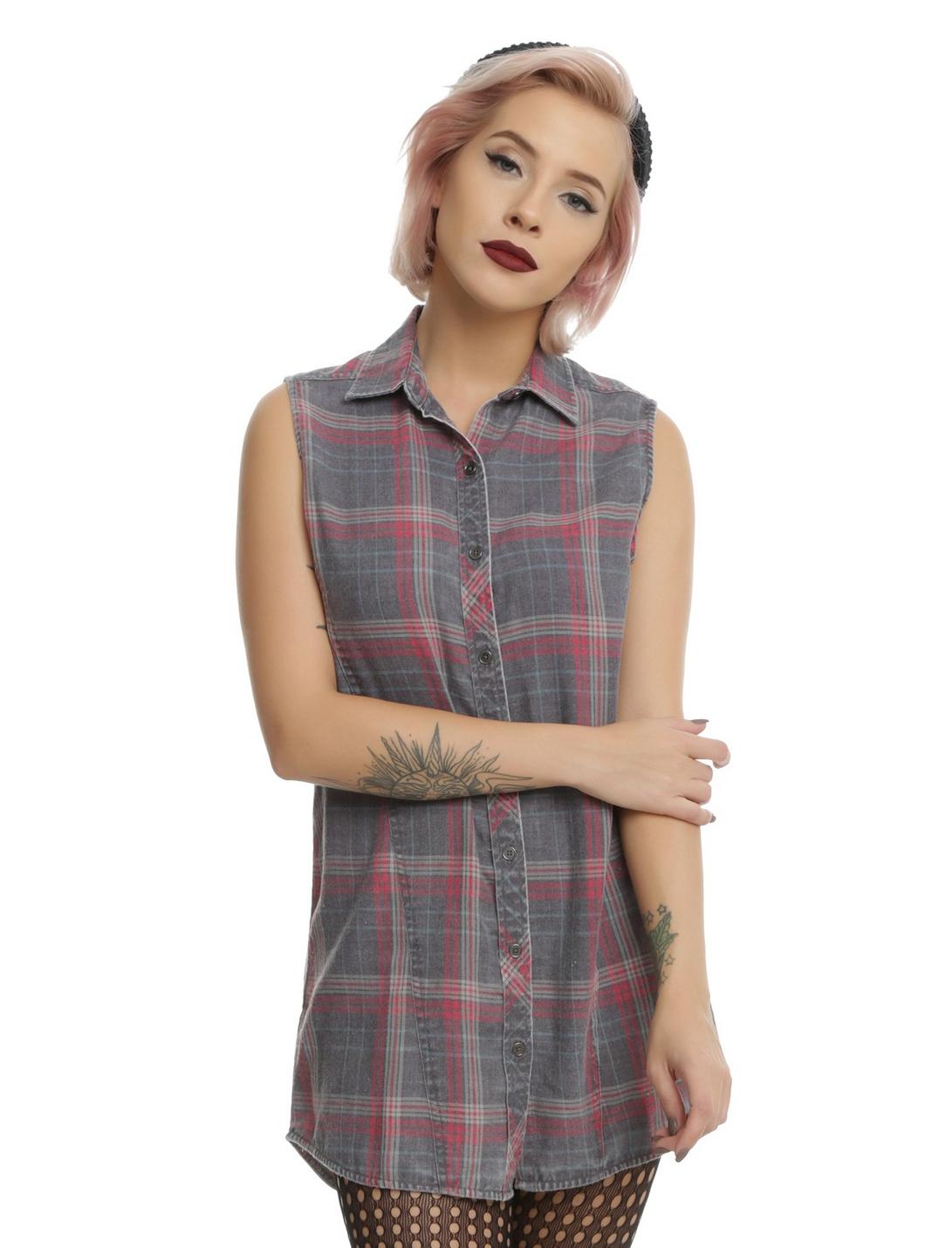 Red & Grey Sleeveless Plaid Girls Tunic Woven Button-Up, GREY, hi-res