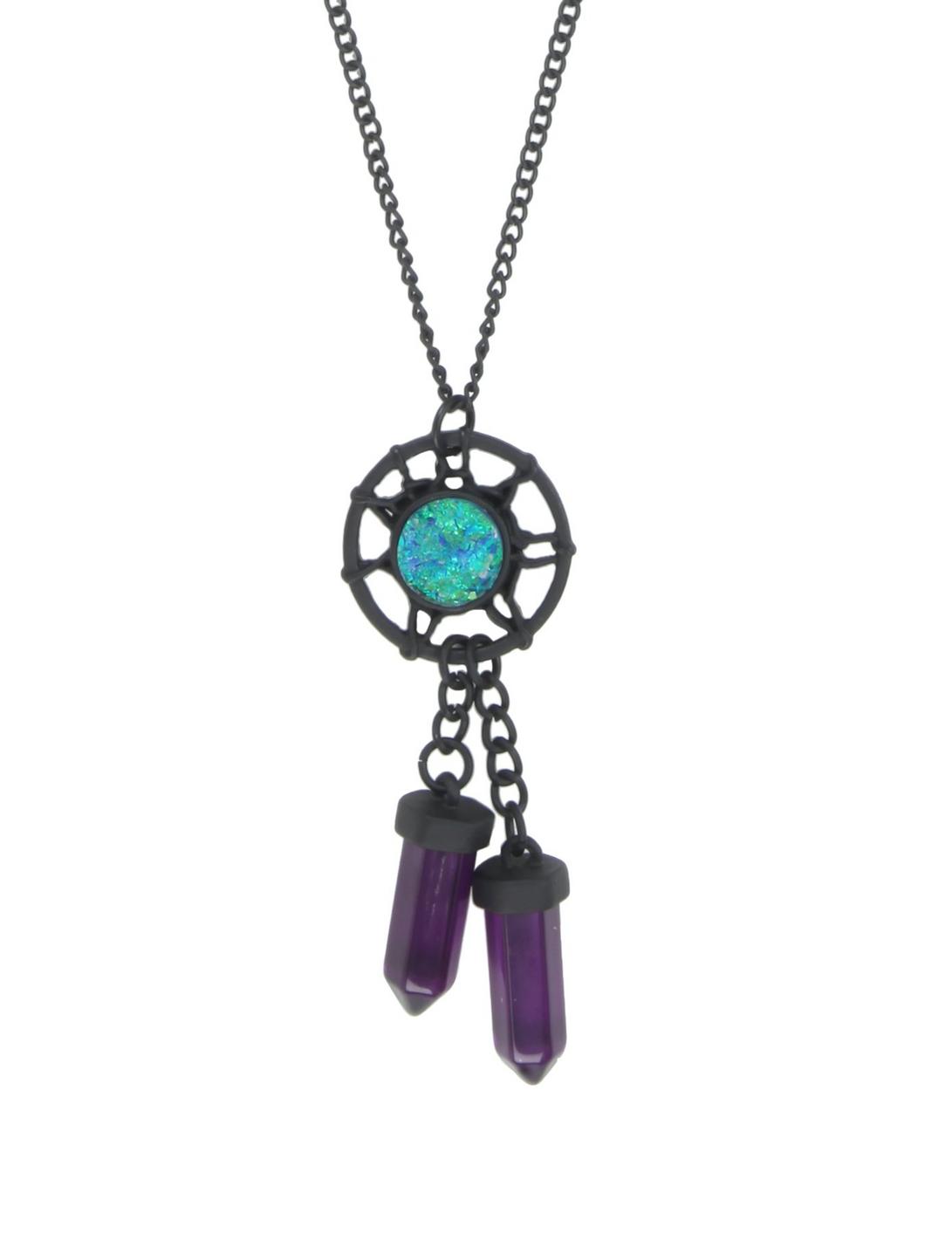 Blackheart Matte Black Raw Stone Dreamcatcher & Purple Dangle Crystal Long Necklace, , hi-res