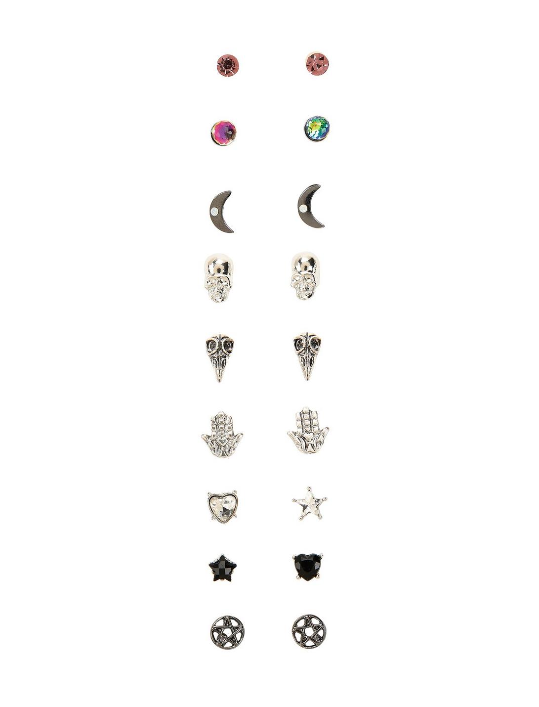 Blackheart Mystical Hands Bird Skull Pentagram Stud Earring Set, , hi-res