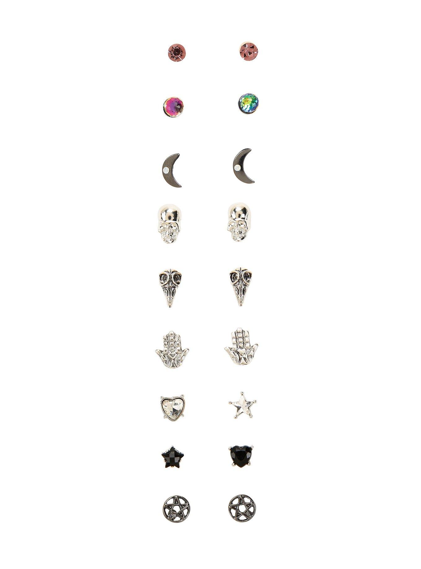 Blackheart Mystical Hands Bird Skull Pentagram Stud Earring Set, , hi-res