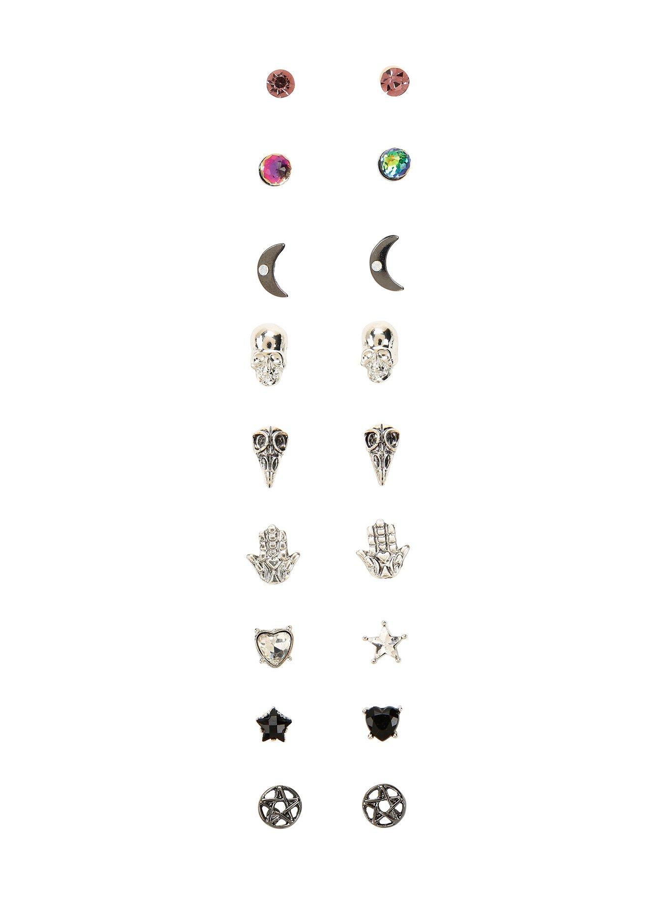 Blackheart Mystical Hands Bird Skull Pentagram Stud Earring Set, , hi-res