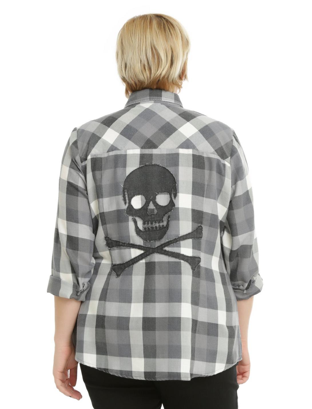 Grey & White Skull Plaid Girls Woven Button-Up Plus Size, BLACK, hi-res