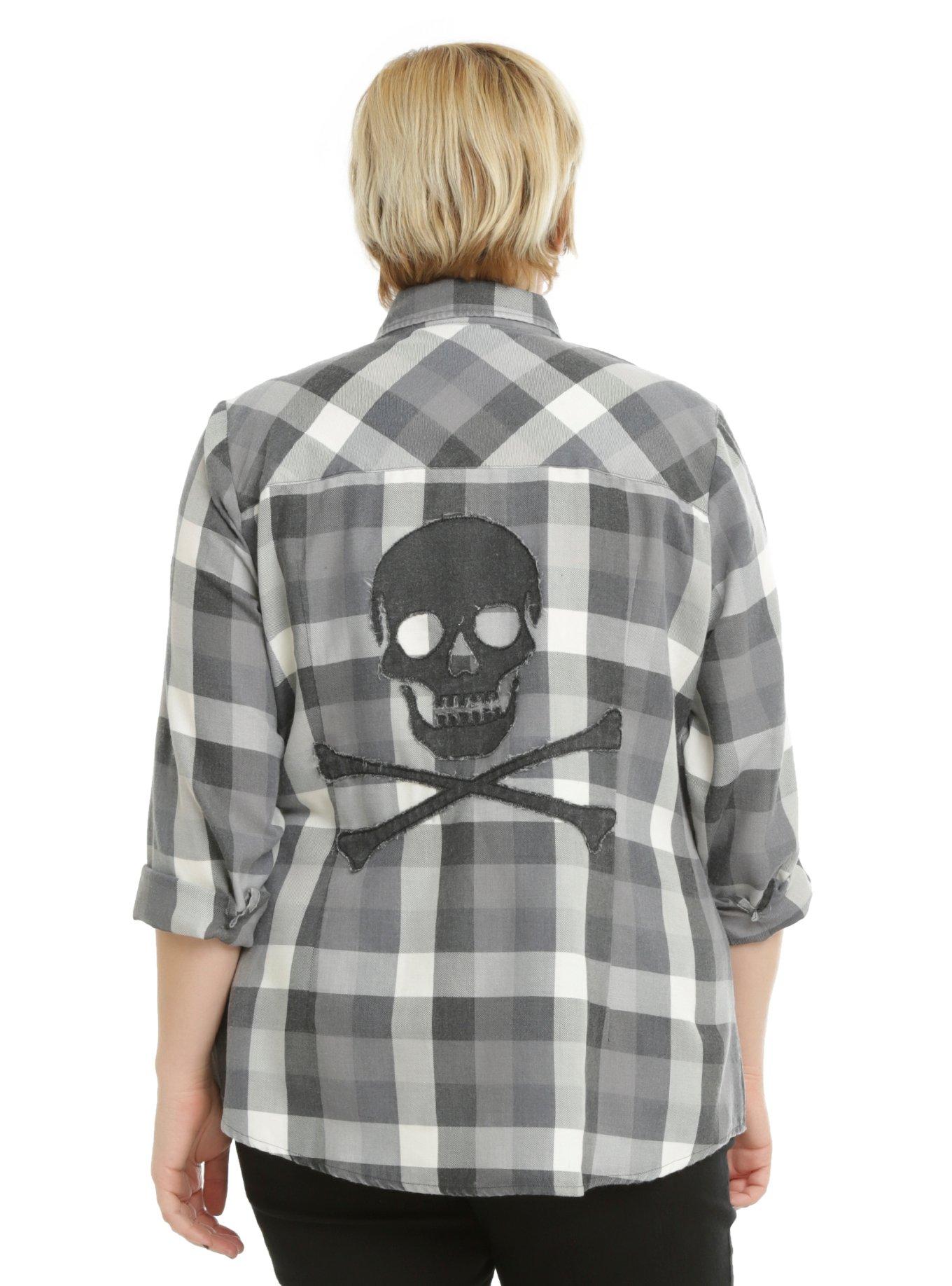Grey & White Skull Plaid Girls Woven Button-Up Plus Size, BLACK, hi-res