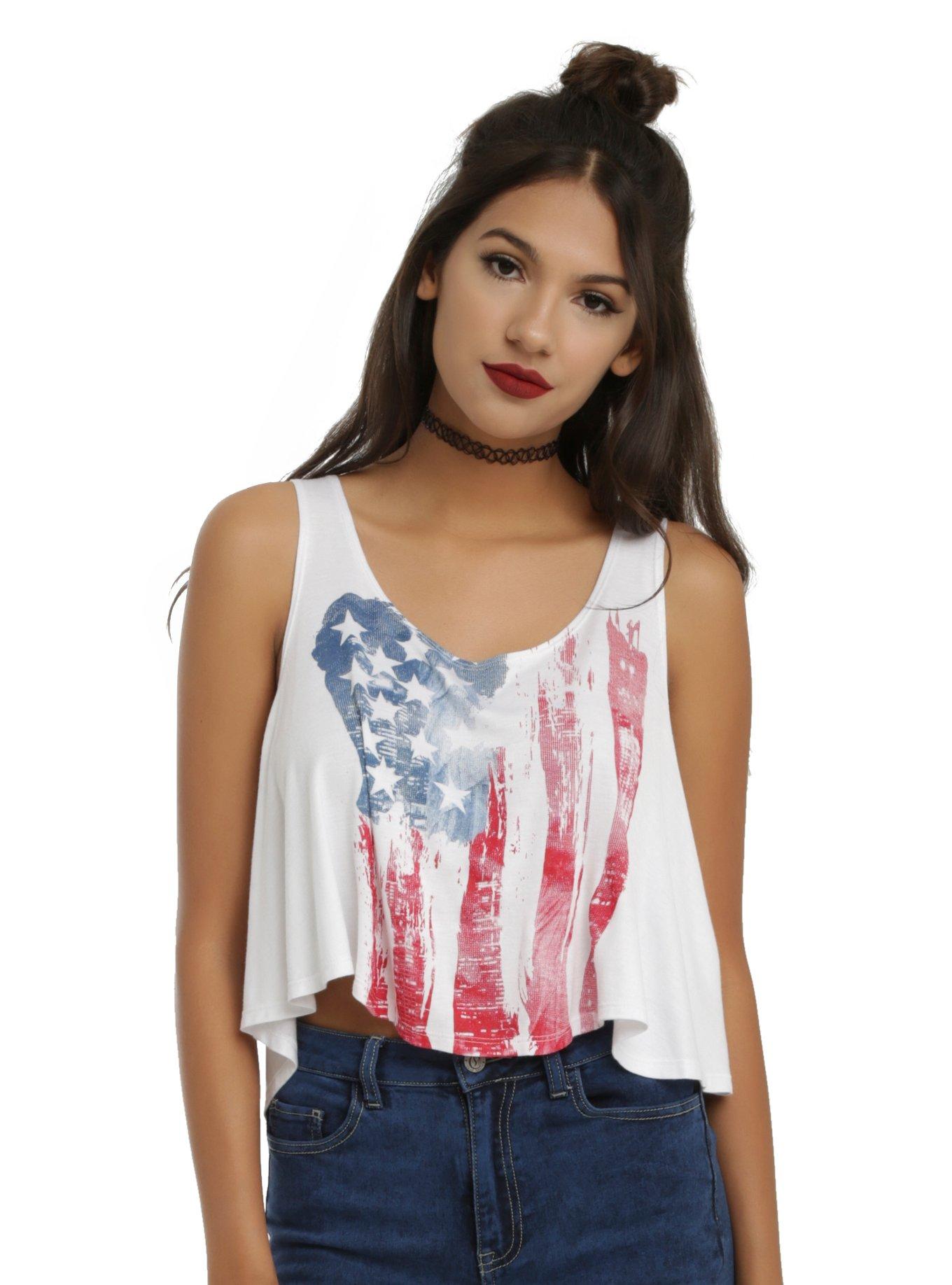 Distressed American Flag Girls Crop Tank Top, WHITE, hi-res