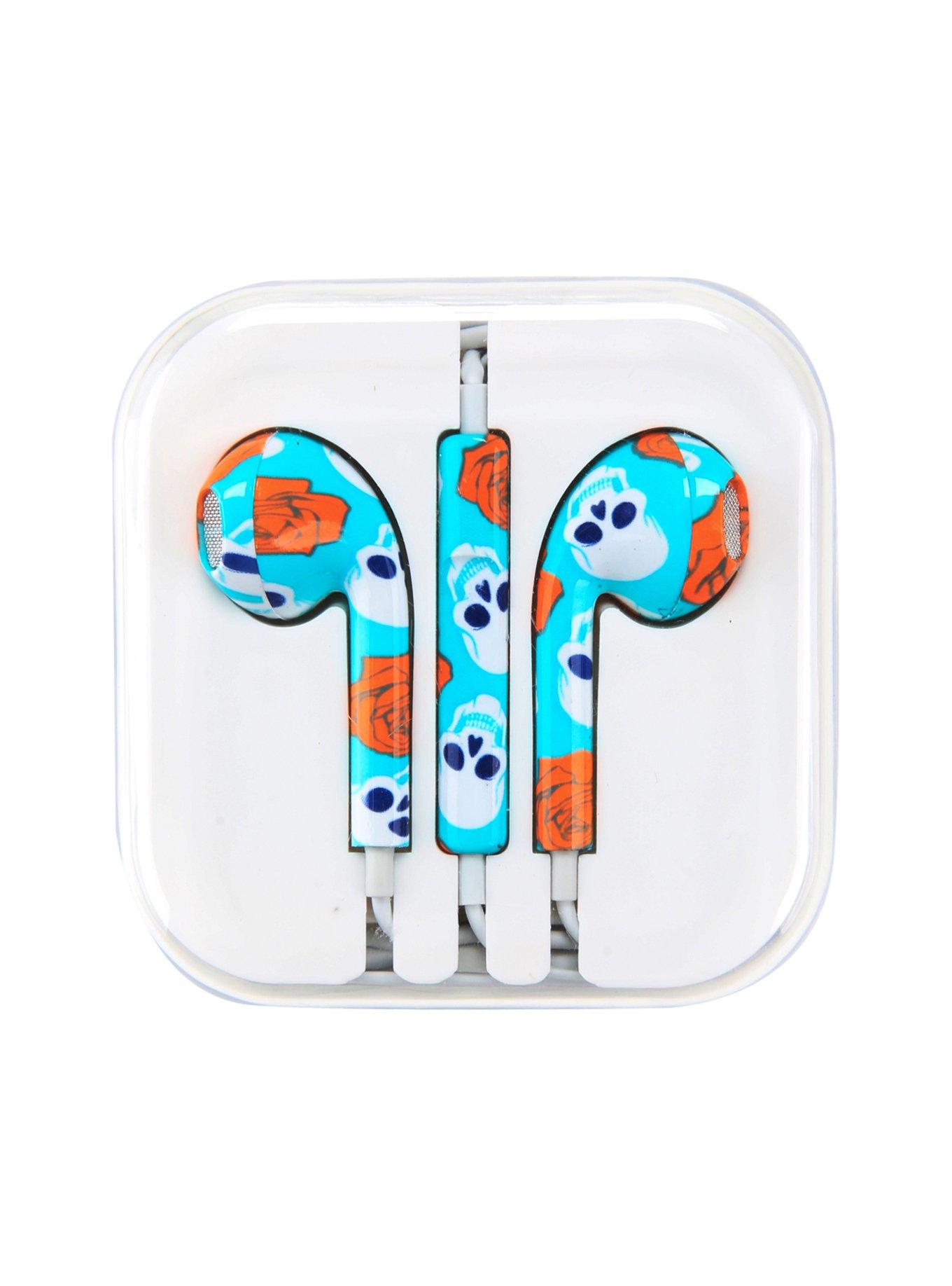 Micase Blue Floral Skull Floral Print Earbuds, , hi-res