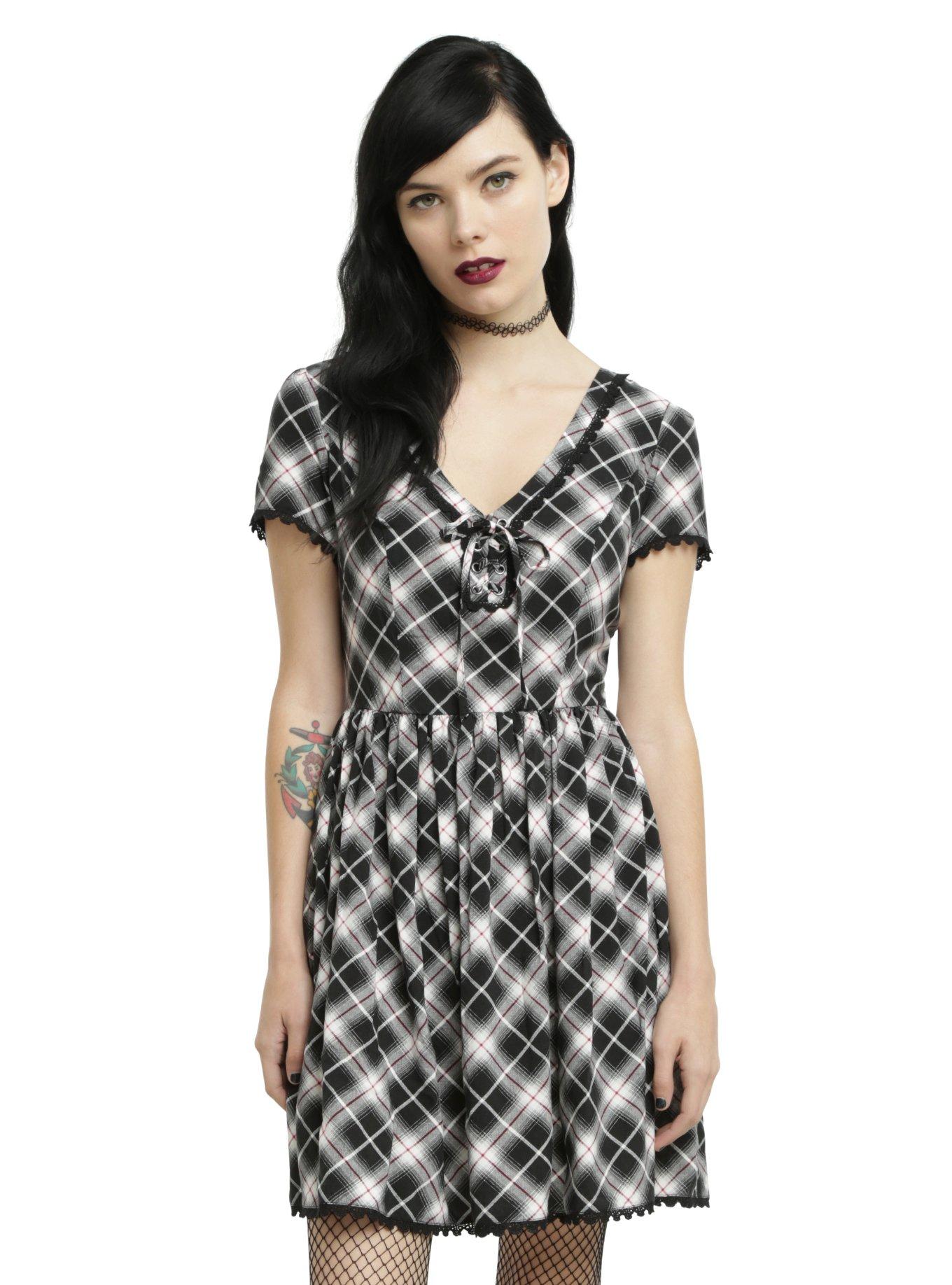 Black & White Lace-Up Plaid Dress, , hi-res