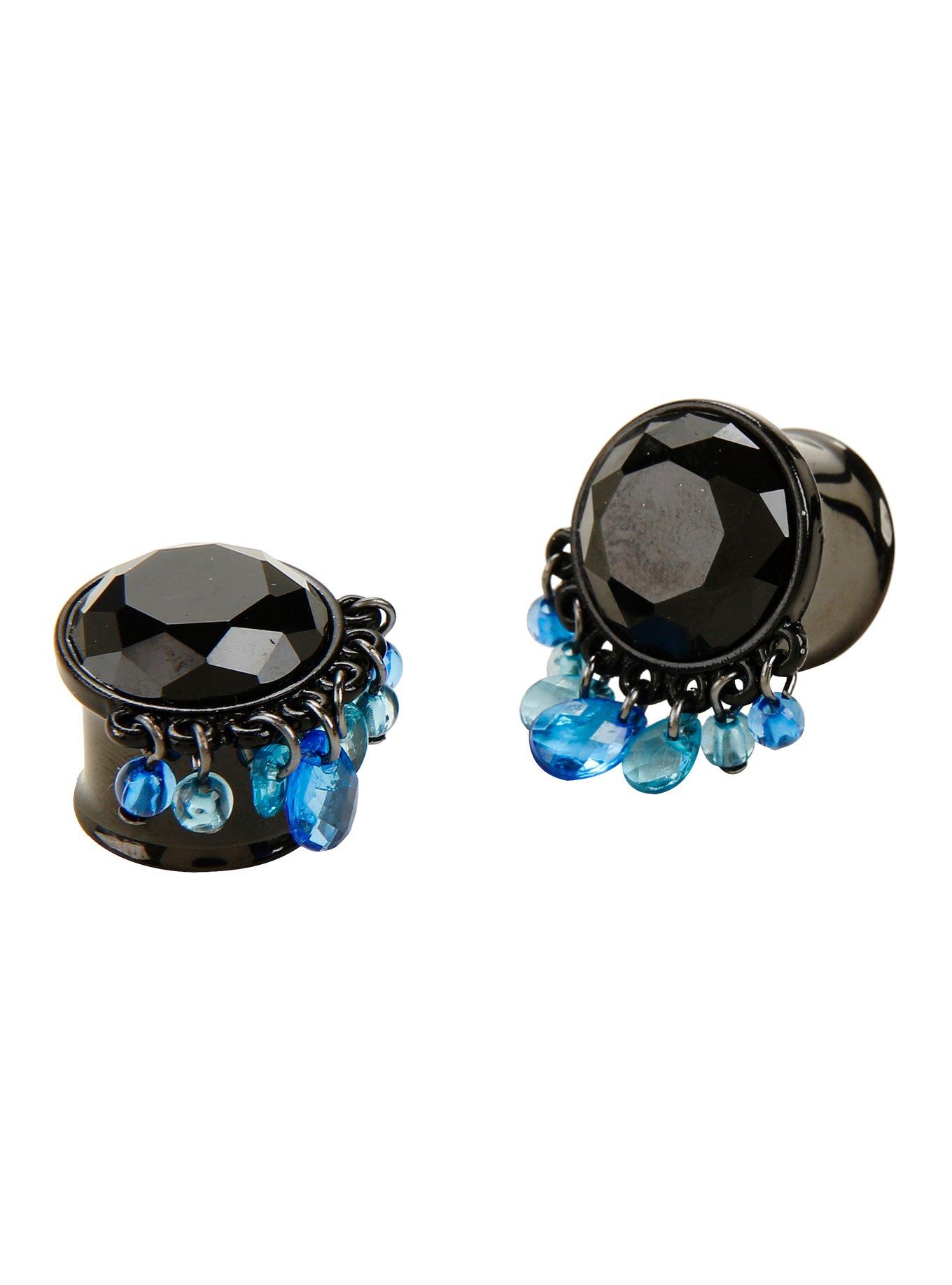 Black Faceted Gem With Blue Dangle Bead Plug 2 Pack, , hi-res