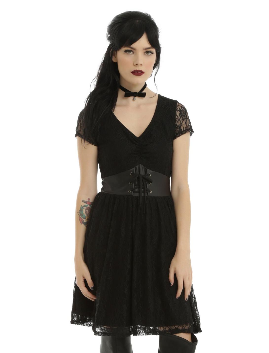 Black Short Sleeve Faux Leather & Lace Dress, BLACK, hi-res