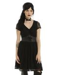 Black Short Sleeve Faux Leather & Lace Dress, BLACK, hi-res