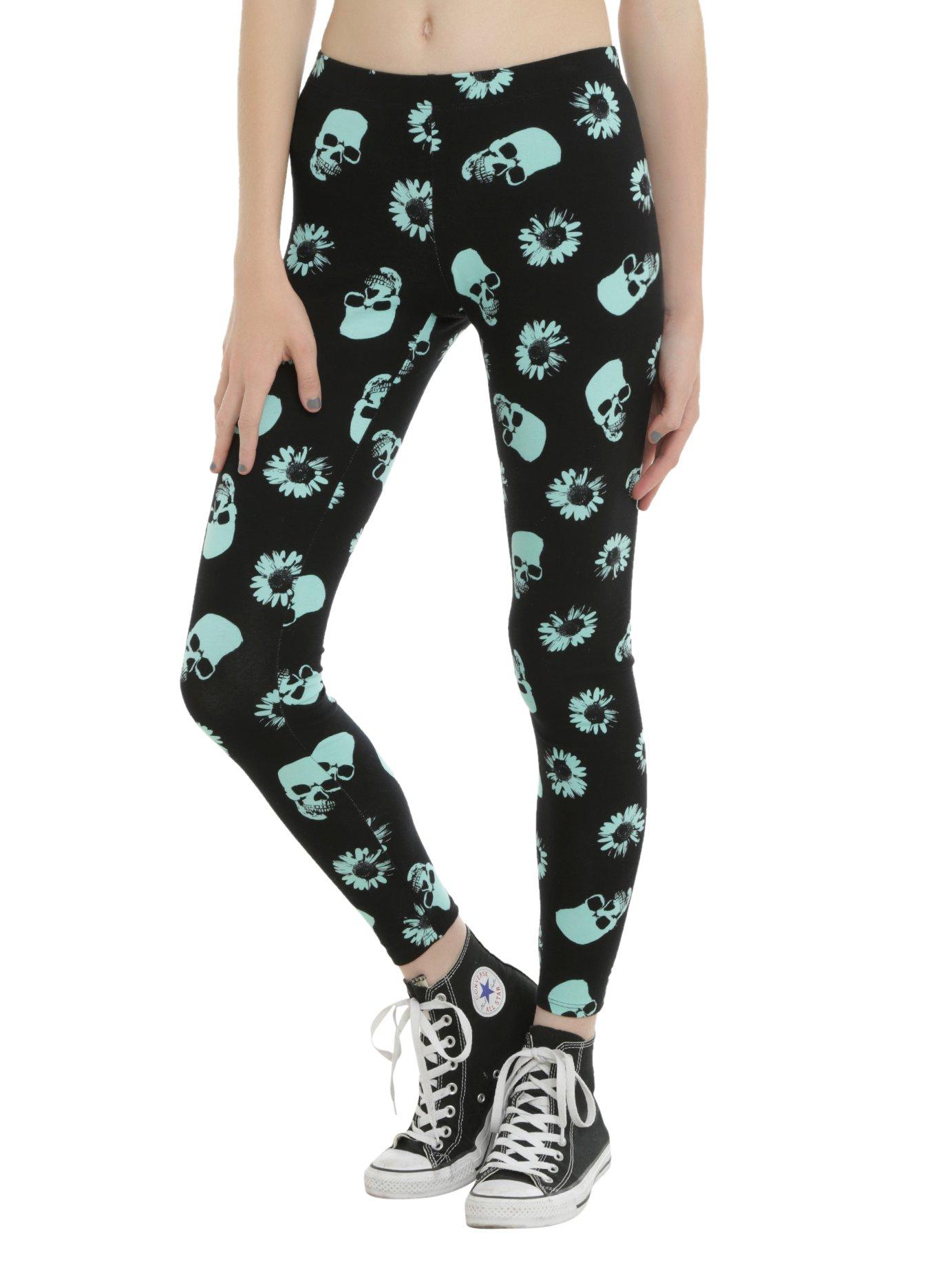 Black & Mint Skull & Daisy Leggings, BLACK, hi-res