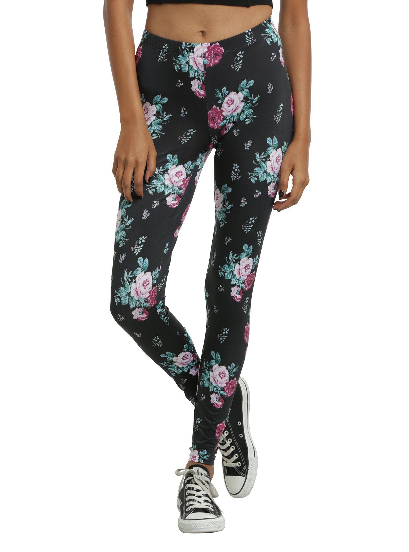 Black Floral Print Leggings, BLACK, hi-res