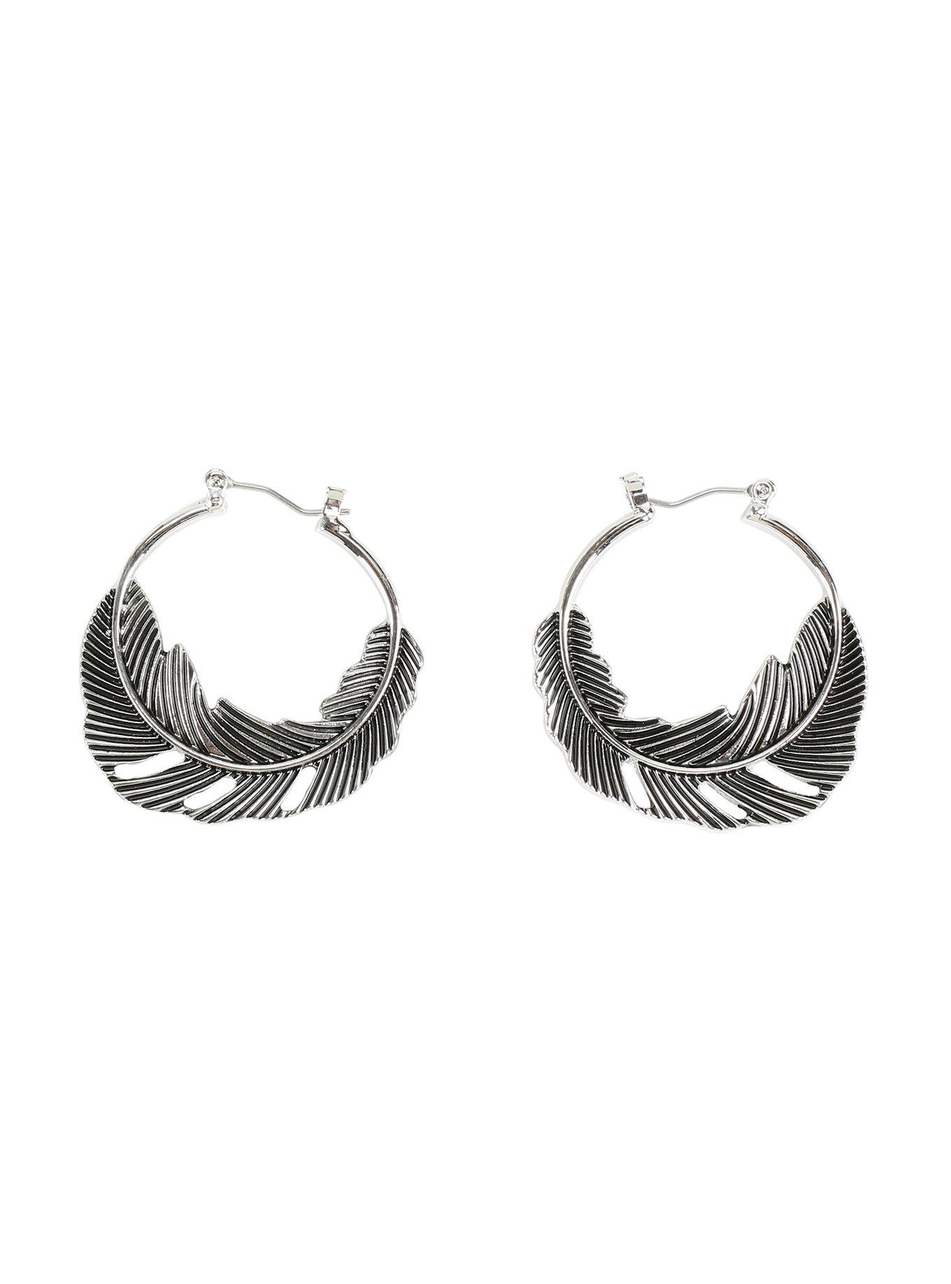 Blackheart Silver Feather Hoop Earrings, , hi-res