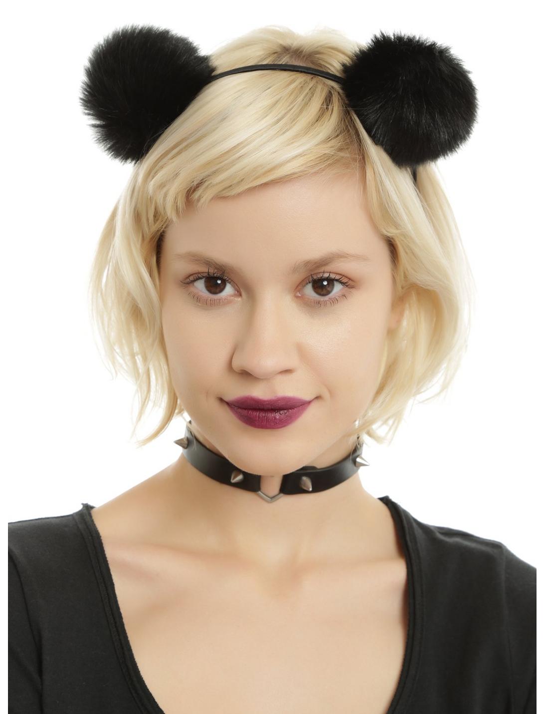 Black Fuzzy Pom Pom Ears Headband, , hi-res