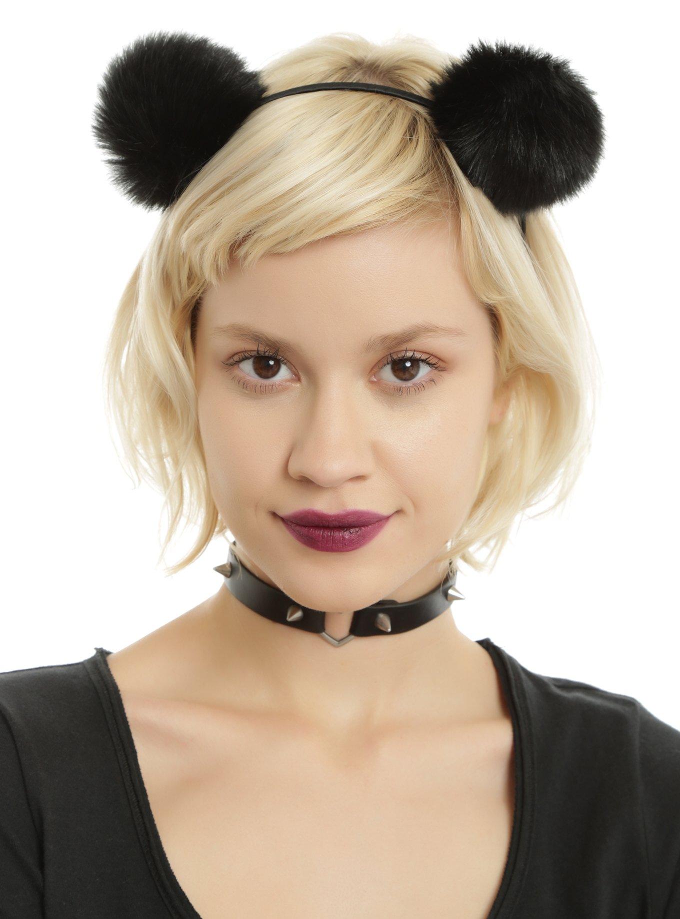 Black Fuzzy Pom Pom Ears Headband, , hi-res