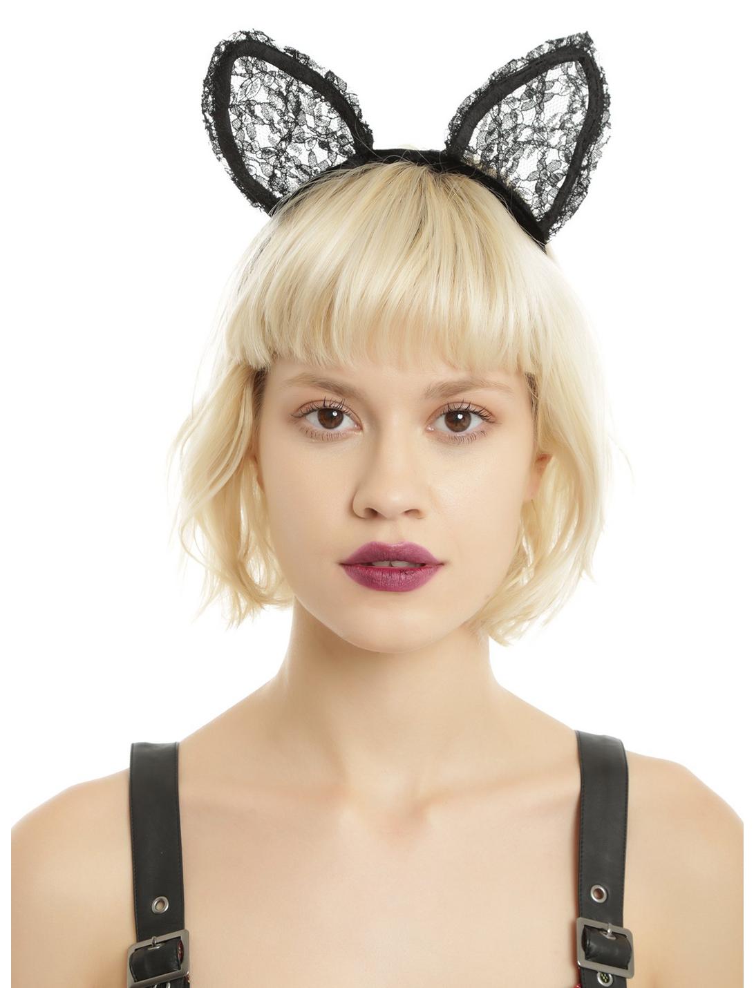 Black Lace Cat Ears Headband, , hi-res