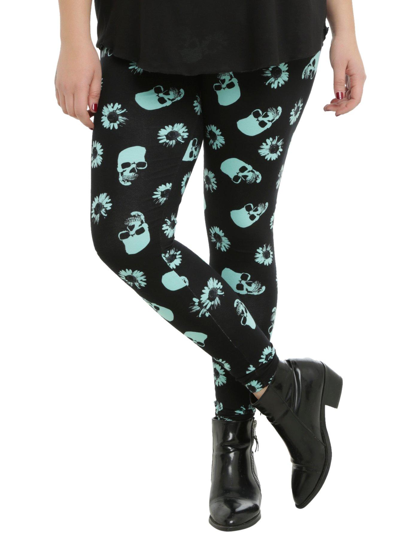 Black & Mint Skull & Daisies Leggings Plus Size, BLACK, hi-res