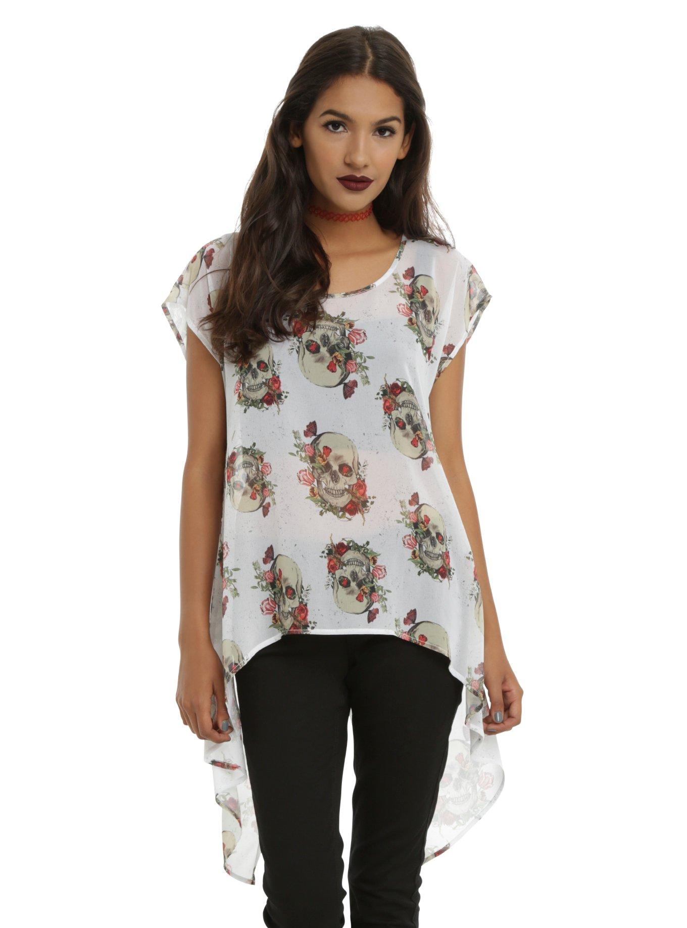 Floral Skull Split Back Girls Dolman Top, IVORY, hi-res