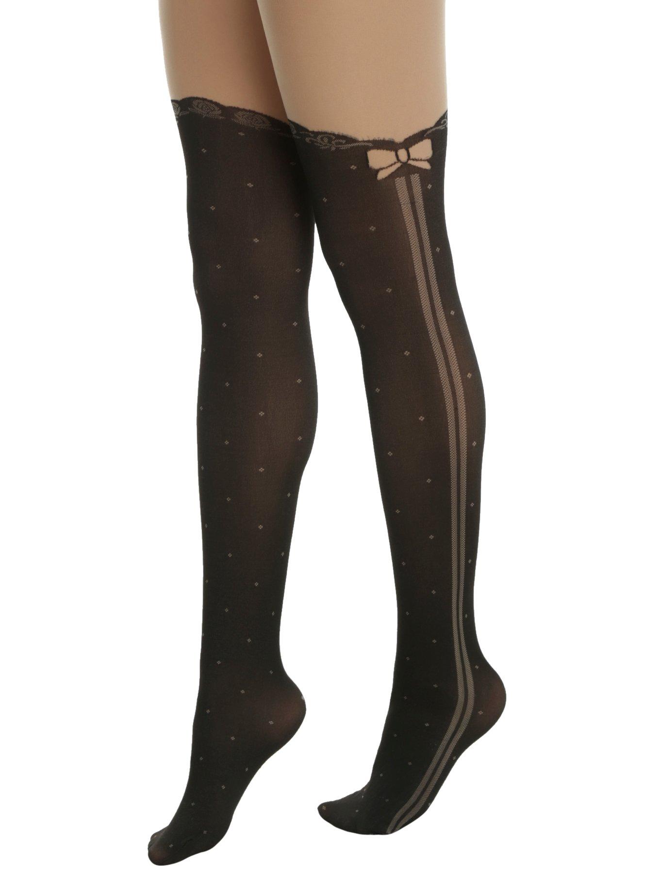 Blackheart Lolita Side Bow Faux Thigh High Tights, BLACK, hi-res