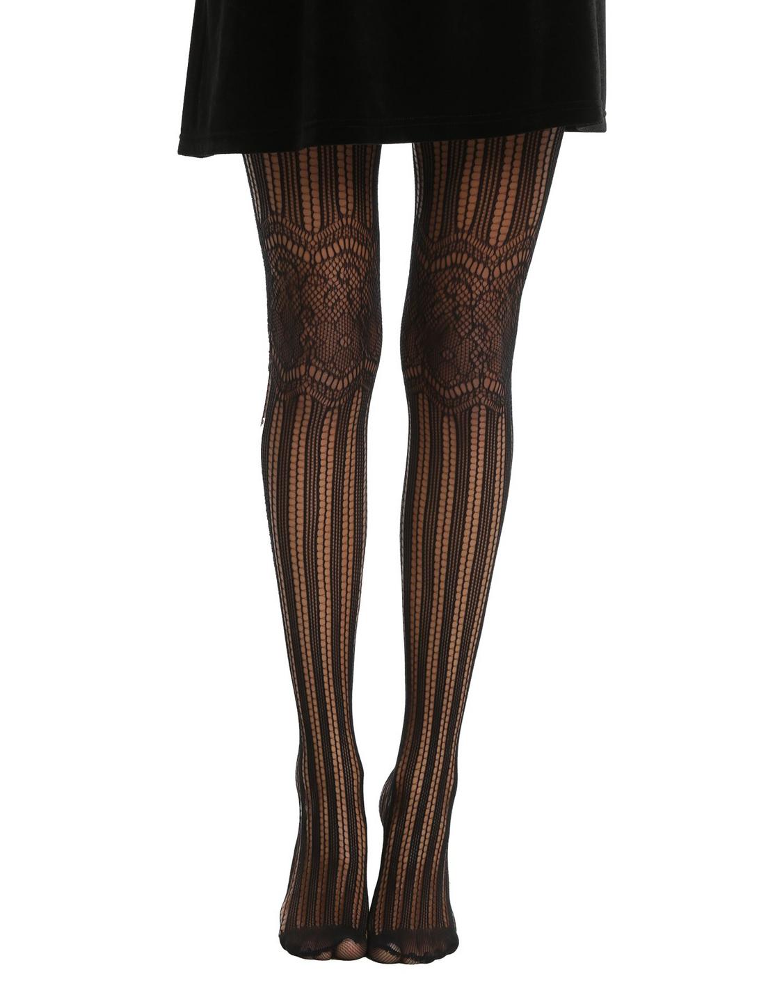 Black Stripe Floral Lace Knee Tights, BLACK, hi-res