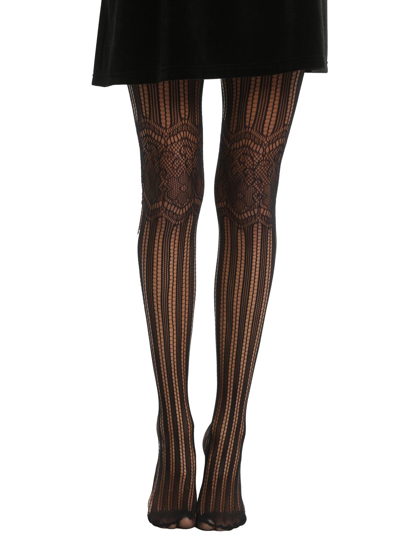 Black Stripe Floral Lace Knee Tights, BLACK, hi-res