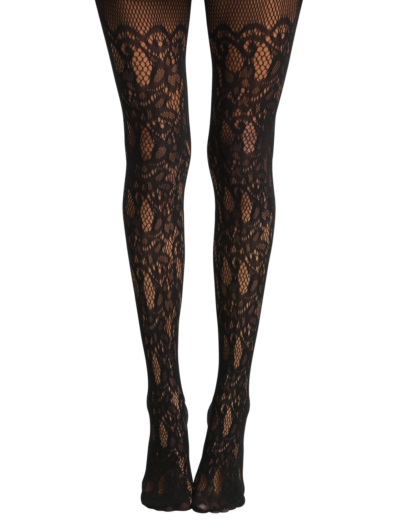 Blackheart Goth Lace Fishnet Faux Thigh Highs, BLACK, hi-res