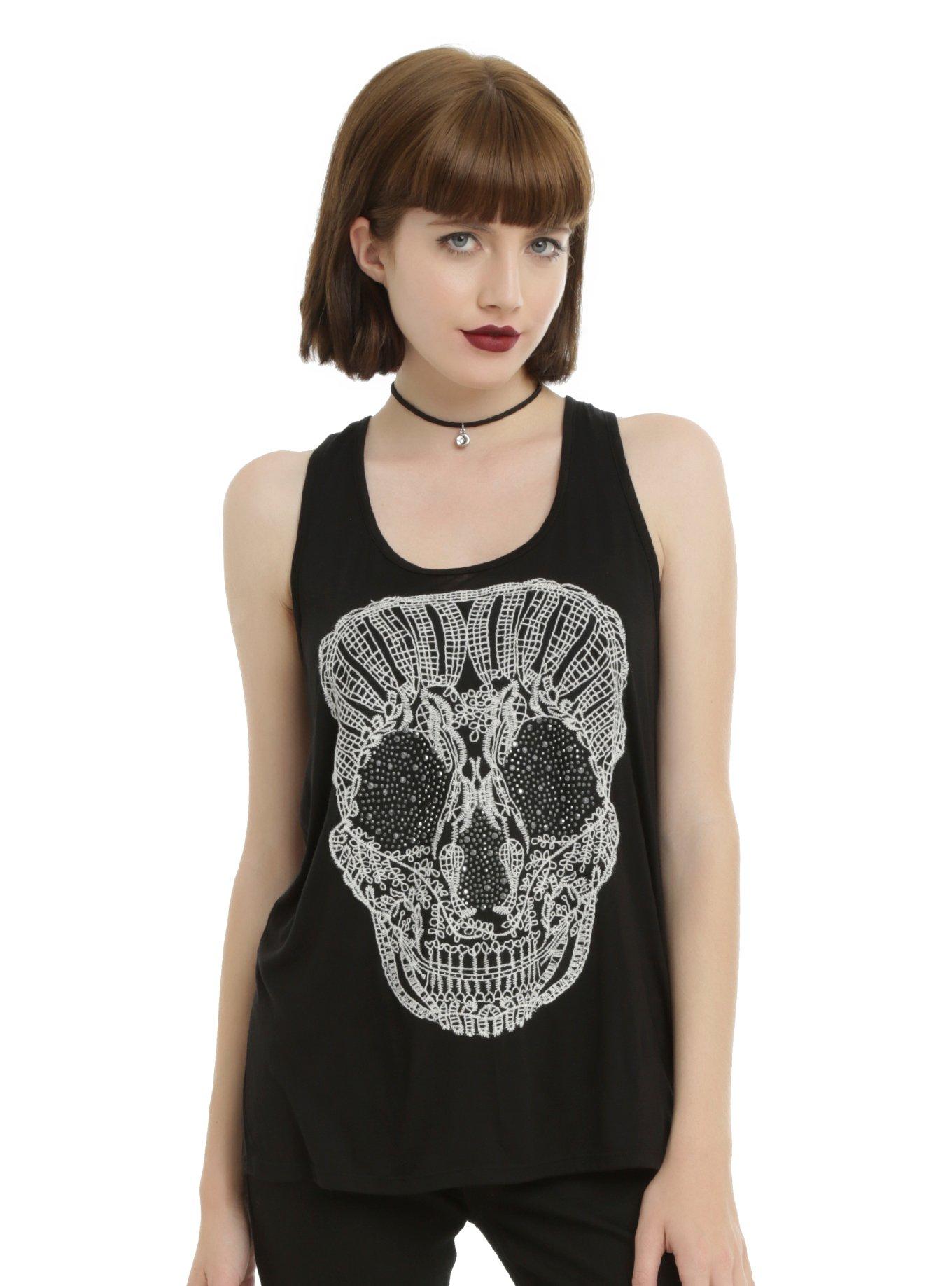 Black Jewel Eyes Crochet Skull Girls Tank Top, BLACK, hi-res