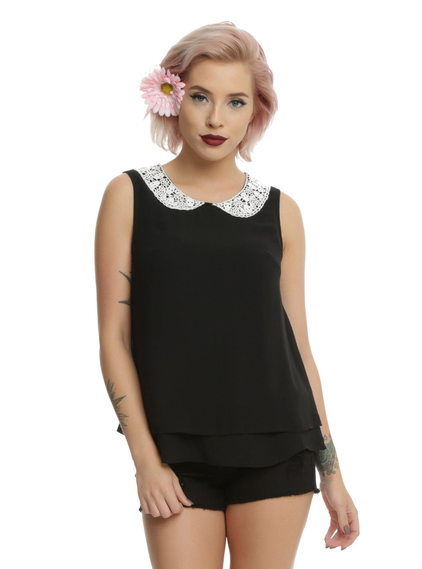 Black Crochet Collar Double Layer Girls Tank Top, BLACK, hi-res