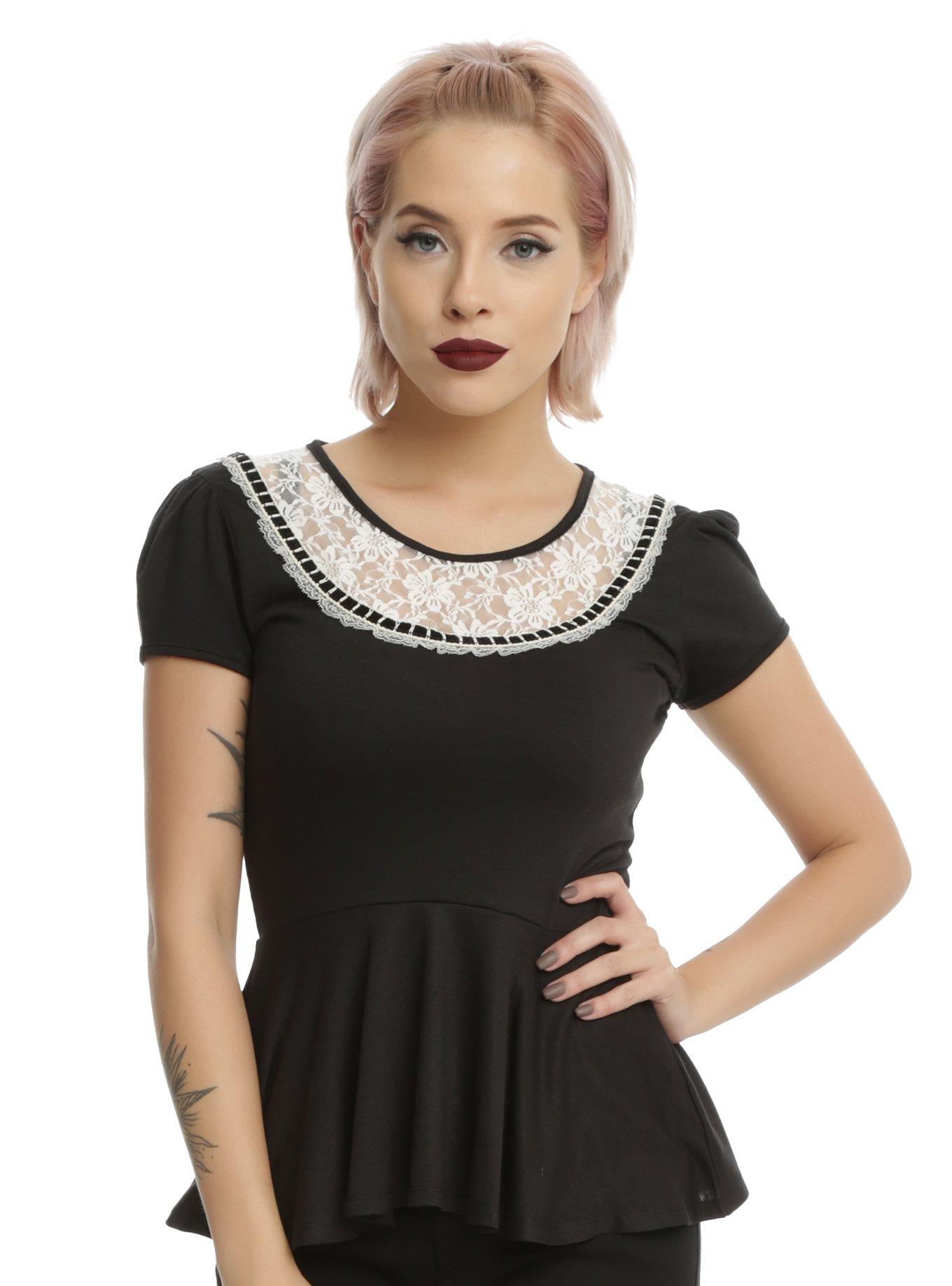 Black With Ivory Lace Girls Peplum Top, BLACK, hi-res