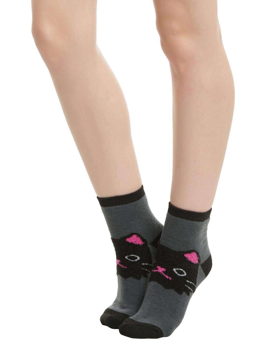 Loungefly Black Fuzzy Cat Ankle Socks, , hi-res