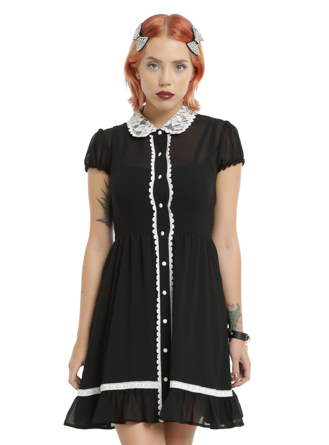 Black Button-Up Lace Collar Chiffon Dress, BLACK, hi-res