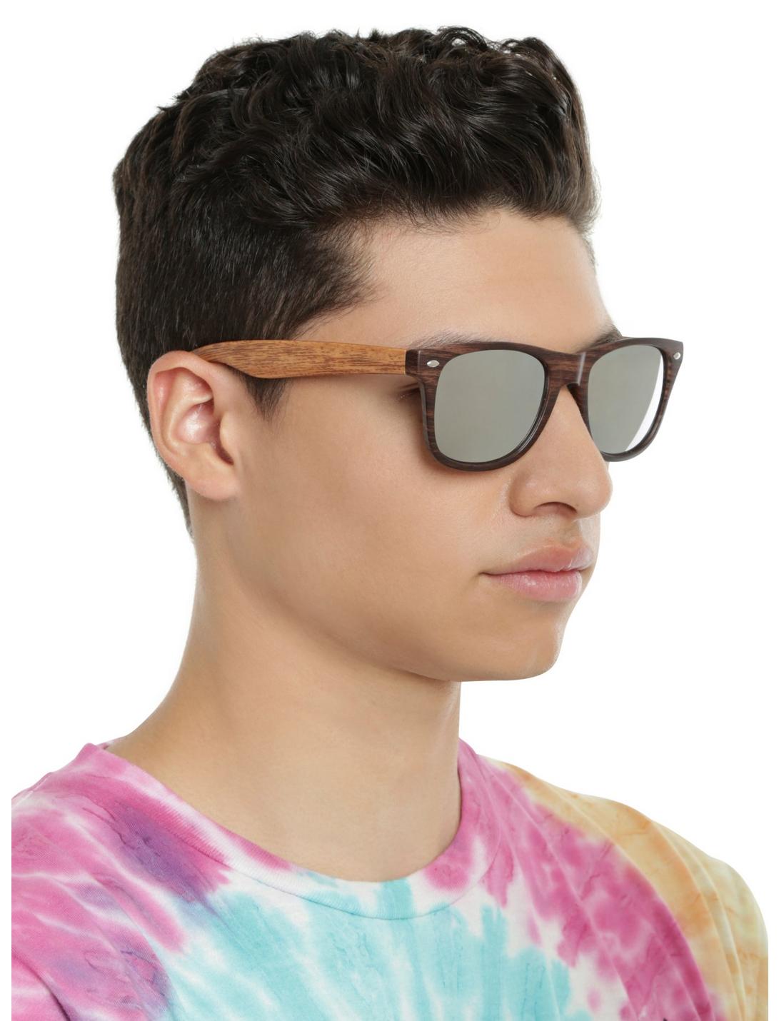Brown Wood Mirror Lens Retro Sunglasses, , hi-res