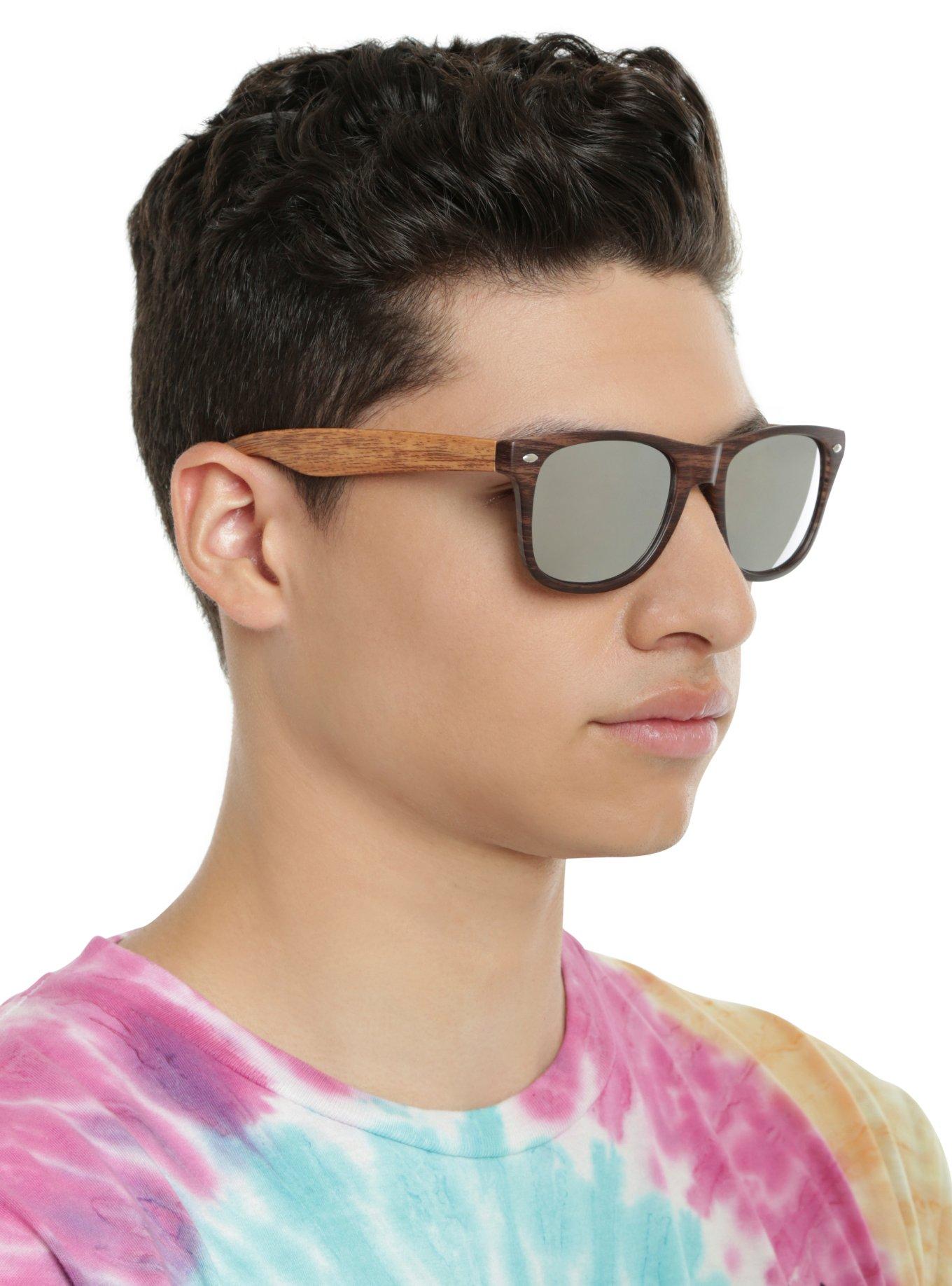 Brown Wood Mirror Lens Retro Sunglasses, , hi-res