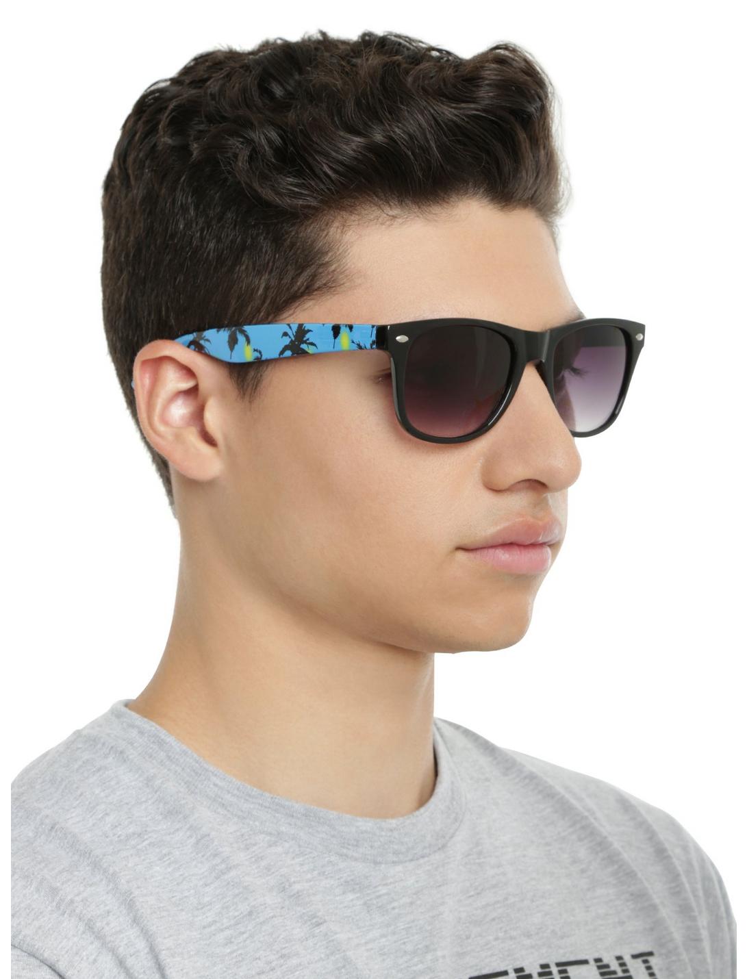 Black & Blue Palm Tree Retro Sunglasses, , hi-res