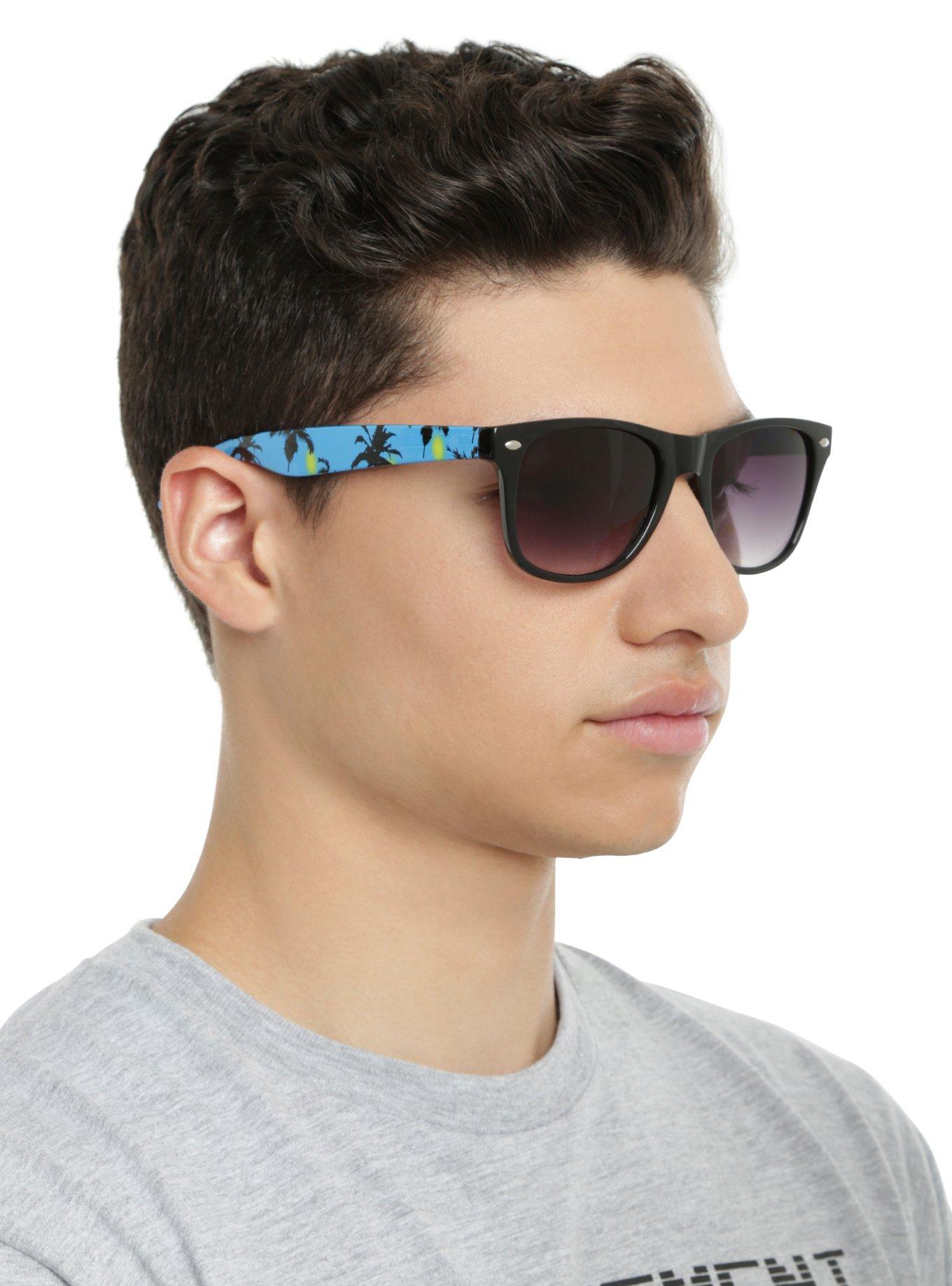 Black & Blue Palm Tree Retro Sunglasses, , hi-res